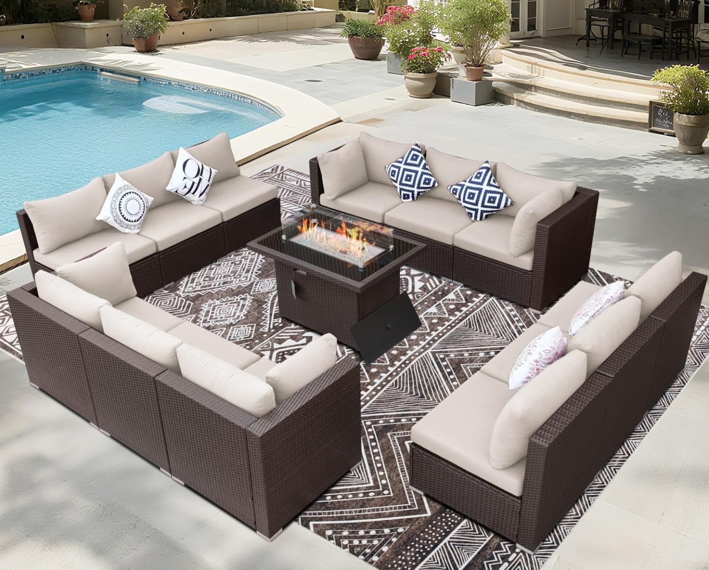13 Piece High Back Wicker Patio Furniture Sets with Fire Pit, Elegant Oversized Outdoor Seating Set Modular, Comfy Extra Deep Wide 12-Person Sectional Couch Sofa for Backyard