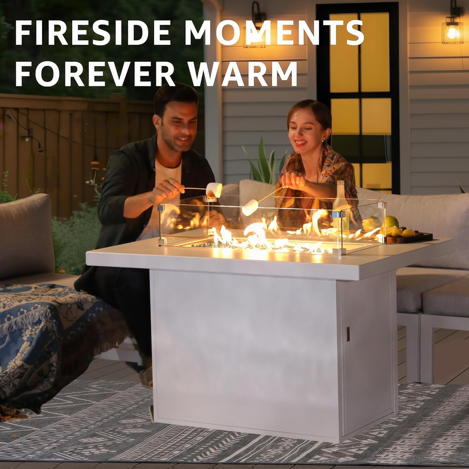 43" Aluminum Outdoor Propane Fire Pit Table, 60,000 BTU Rectangular Firepit Coffee Table with Wind Guard & Glass Stone, Large CSA Safety Approved Fireplace for Backyard Deck Garden