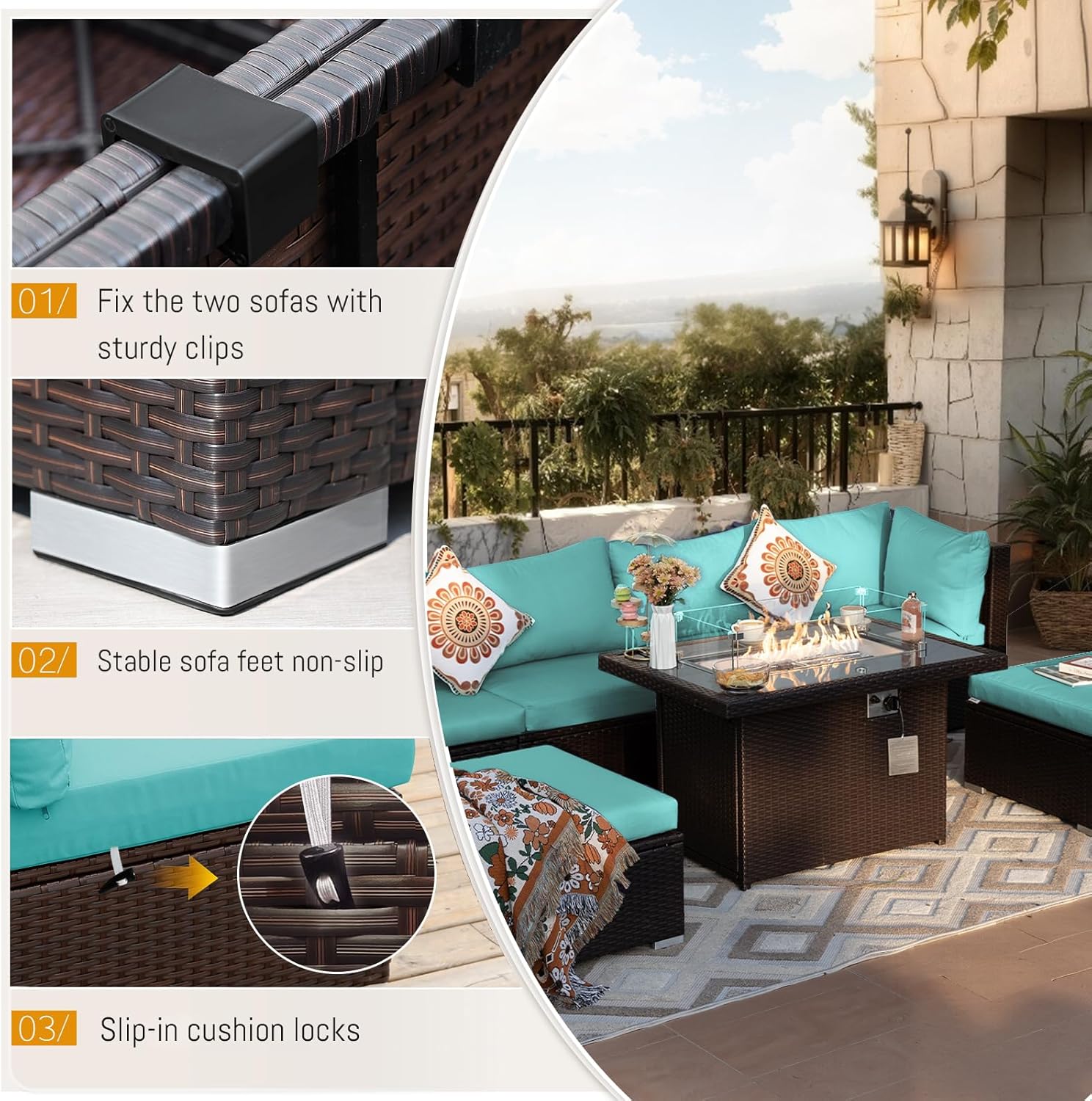 7-Piece Outdoor Patio Furniture Set with Propane/Natural Gas Fire Pit Table, High-Back Large Size Outside Sectional Couch Sofa, Comfy Wide Deep Seats for Yard