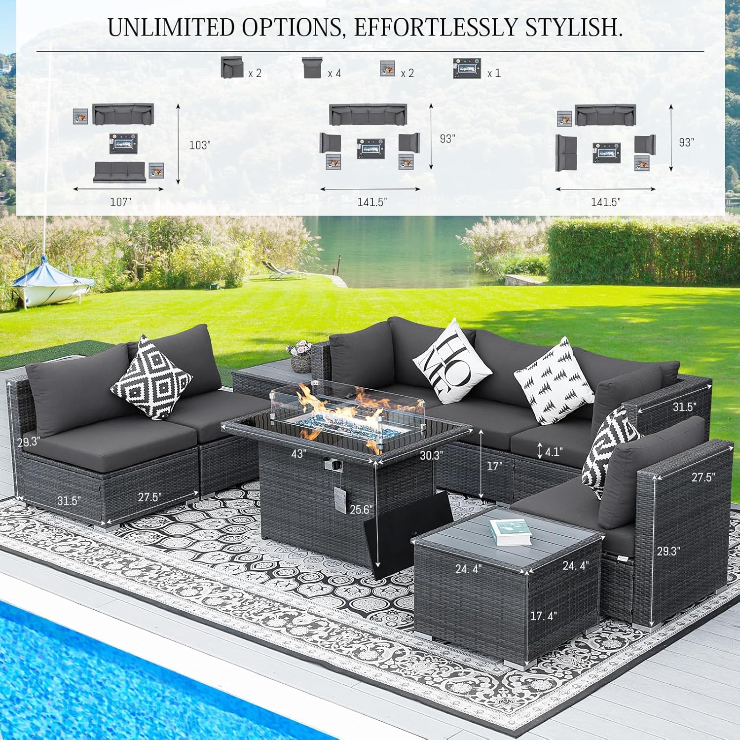 9 Piece High Back Grey Wicker Patio Furniture Set with Propane/Gas Fire Pit Table, Comfy Deep Wide Seat Outdoor Sectional Sofa