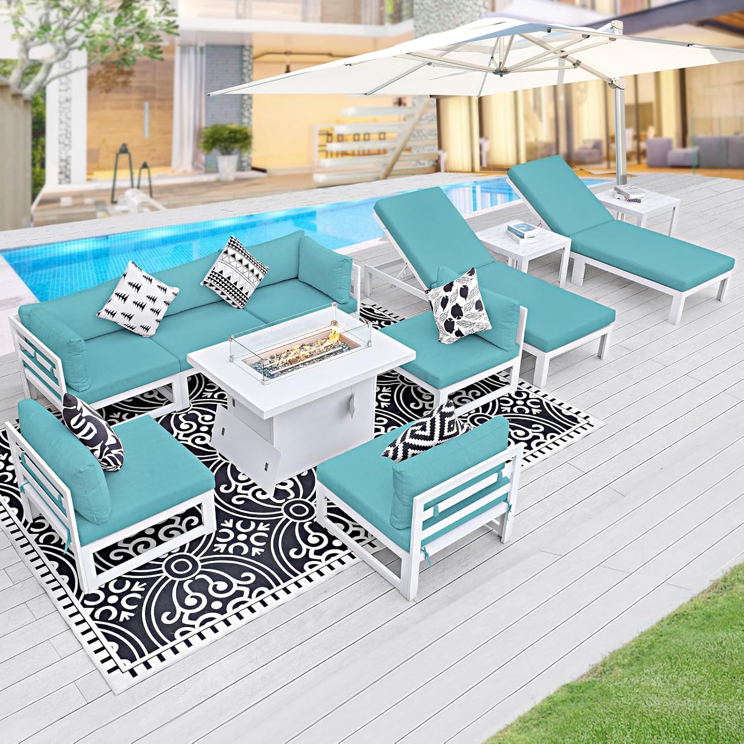 11 Piece Large Modern Aluminum Outdoor Sofa with Lounge Chair & Fire Pit Table, 500 lbs Durable Sectional Set for Heavy People, All Weather Comfy Patio Furniture Set for Backyard