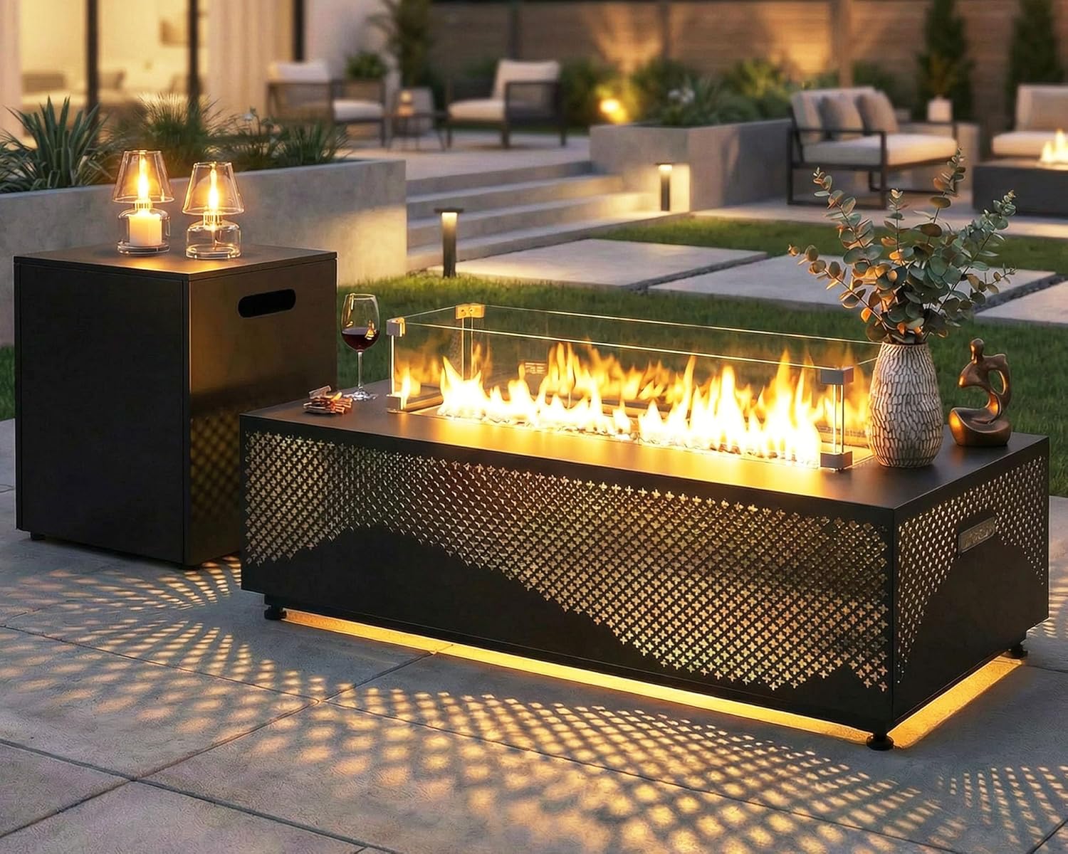 Large Rectangle Outdoor Patio Propane Gas Fire Pit Table Set with Tank Table, 50,000 BTU 42" Fireplace Table with Wind Guard, Removable Lid, Glass Beads, Rain Cover