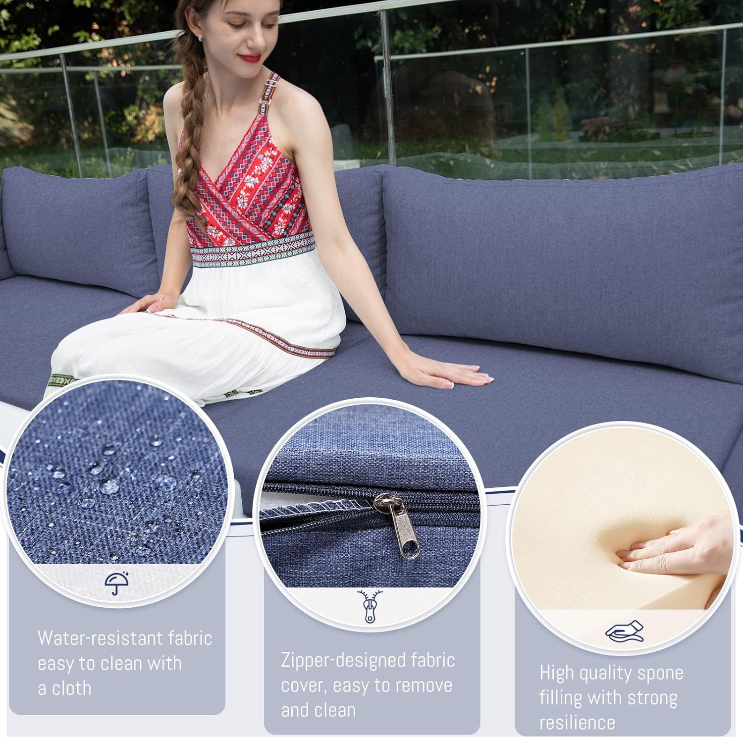 6 Seat Oversized Modern Aluminum Patio Furniture Set, All Weather Rust Proof Modular Sectional Sofa with Fire Pit Table