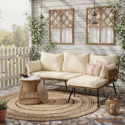 6 Pcs Boho Outdoor Patio Furniture Sets, L Shaped Natural Color Wicker Conversation Sectional Sofa w/Cozy Beige Cushion & Ice Bucket