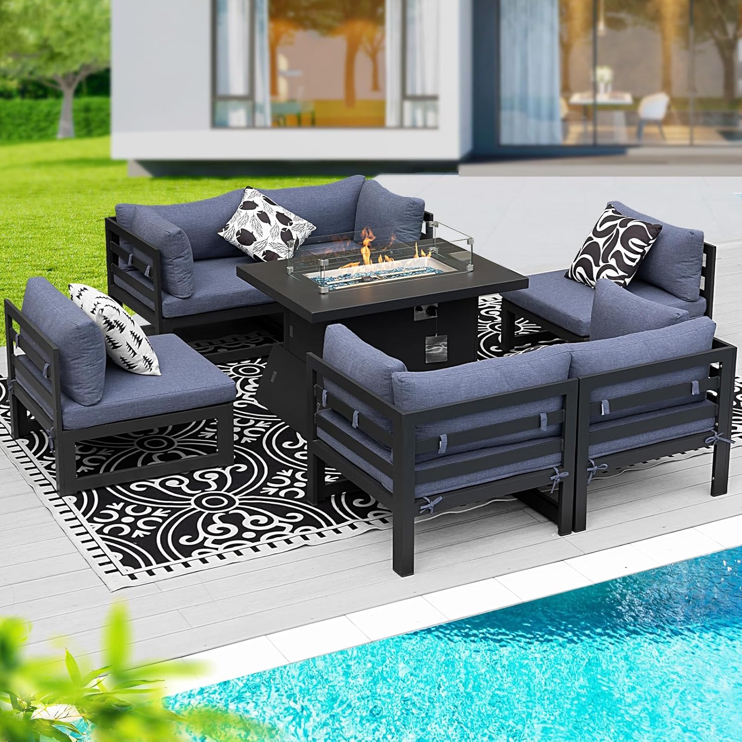 6 Seat Oversized Modern Aluminum Patio Furniture Set, All Weather Rust Proof Modular Sectional Sofa with Fire Pit Table