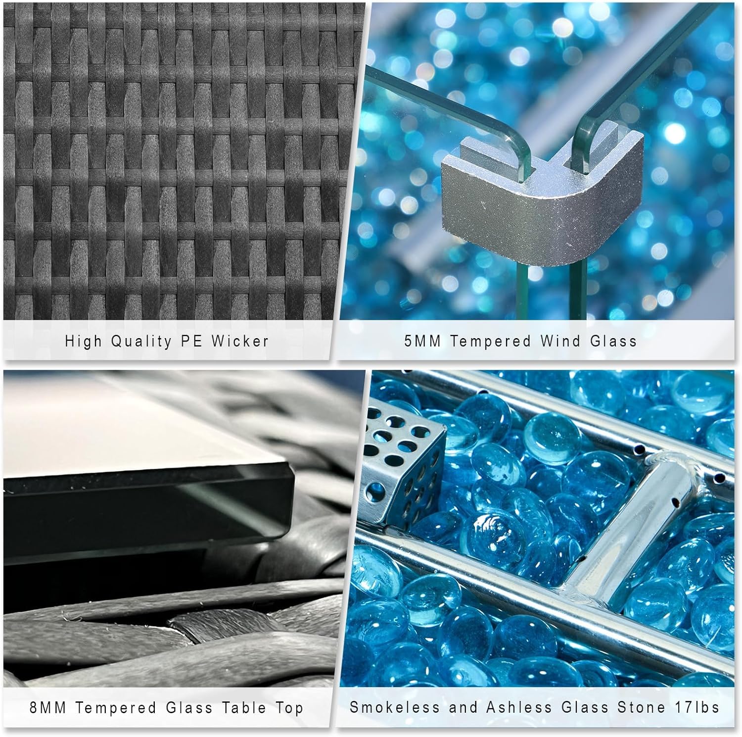 PE Wicker 43" Patio Outdoor Propane Fire Pit Table with Waterproof Cover 55,000 BTU Auto-Ignition Gas Fire Pit Table with 8mm Tempered Glass Table Top and Glass Stone