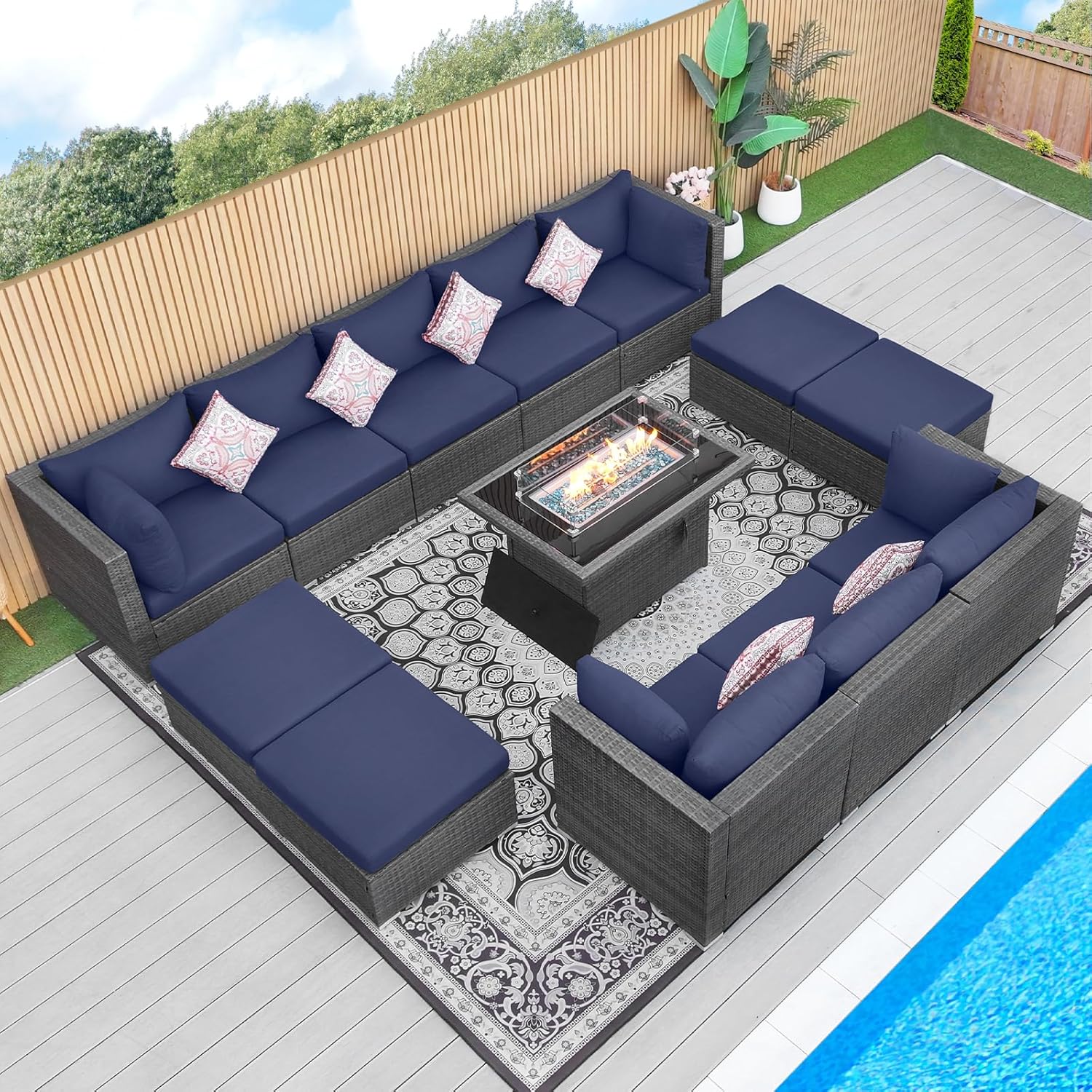 13 Piece High Back Large Outdoor Sectional Sets with Firepit, Extra Wide Deep Seat Patio Sets Modular, All-Weather High Weight Capacity Backyard Sitting Sets