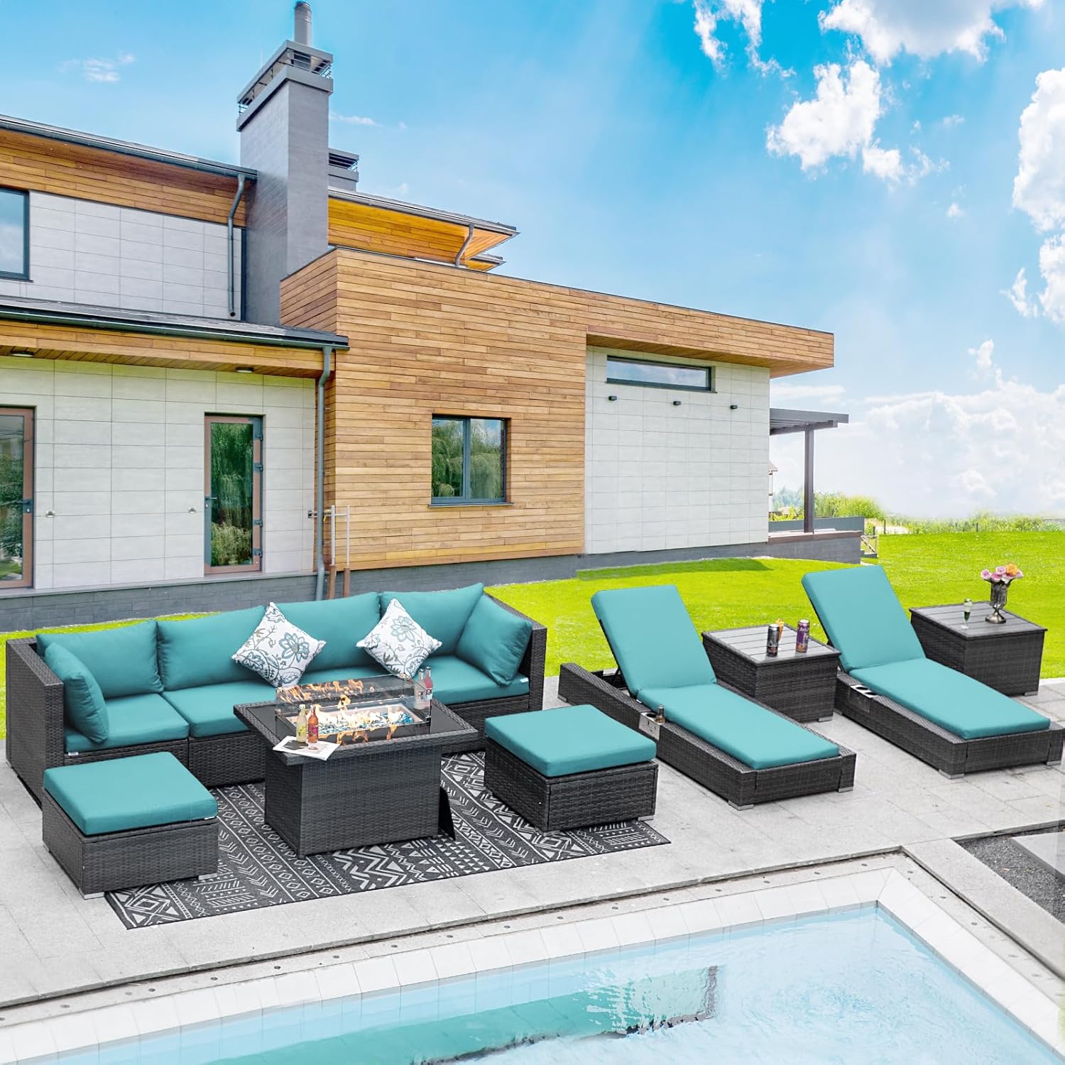 11 Piece Large High Back Grey Rattan Patio Furniture Sets with Firepit and Loungers, Comfortable Deep Wide Seat Outdoor Sectional Conversation Couch Sofa Modualr