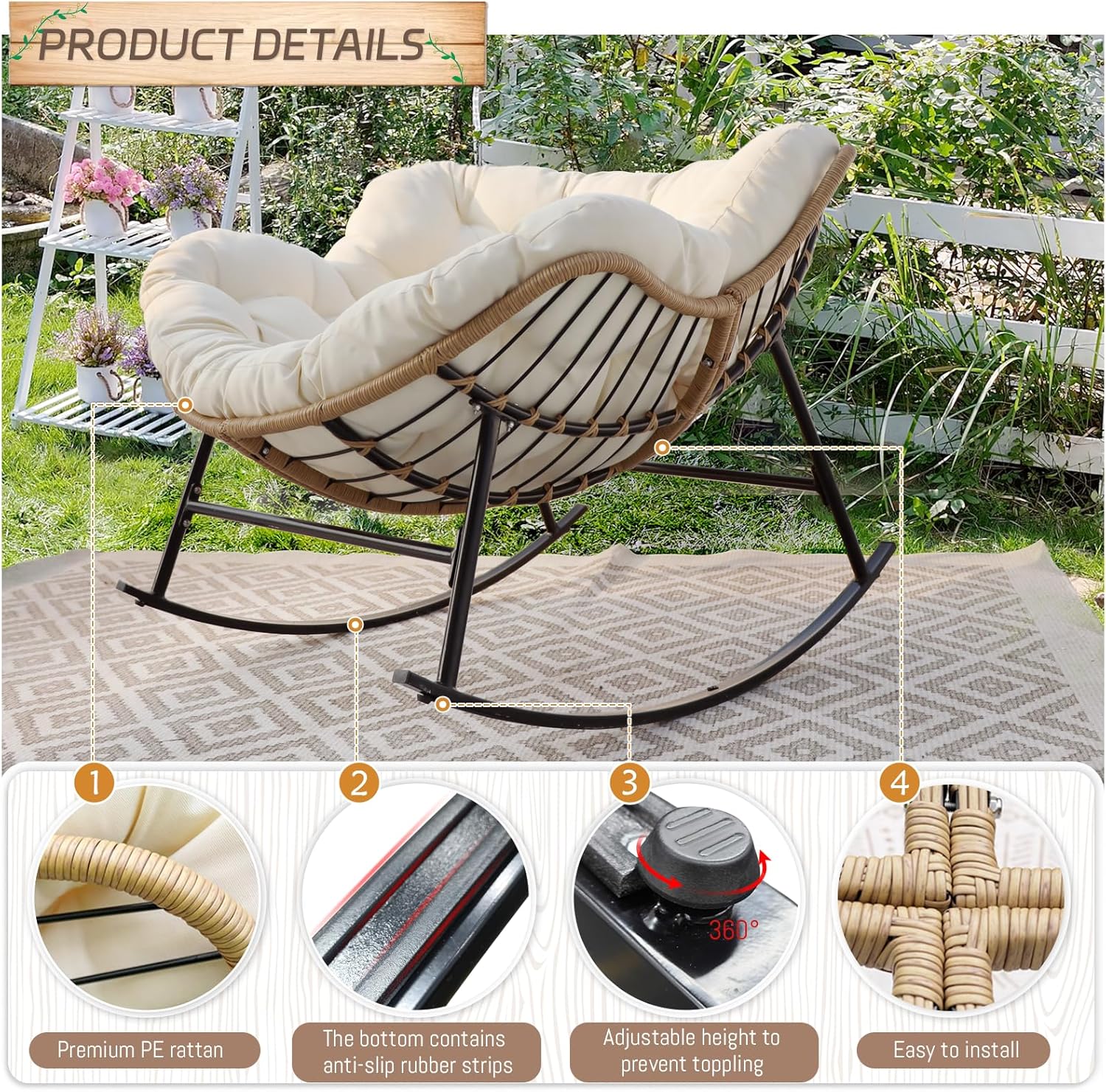 2 PCS Rocking Egg Chair Indoor Outdoor, Wicker Rattan Rocking Papasan Chairs with Thick Cushion, 450 Lbs Extra Wide Patio Rocker, Outdoor Furniture for Balcony