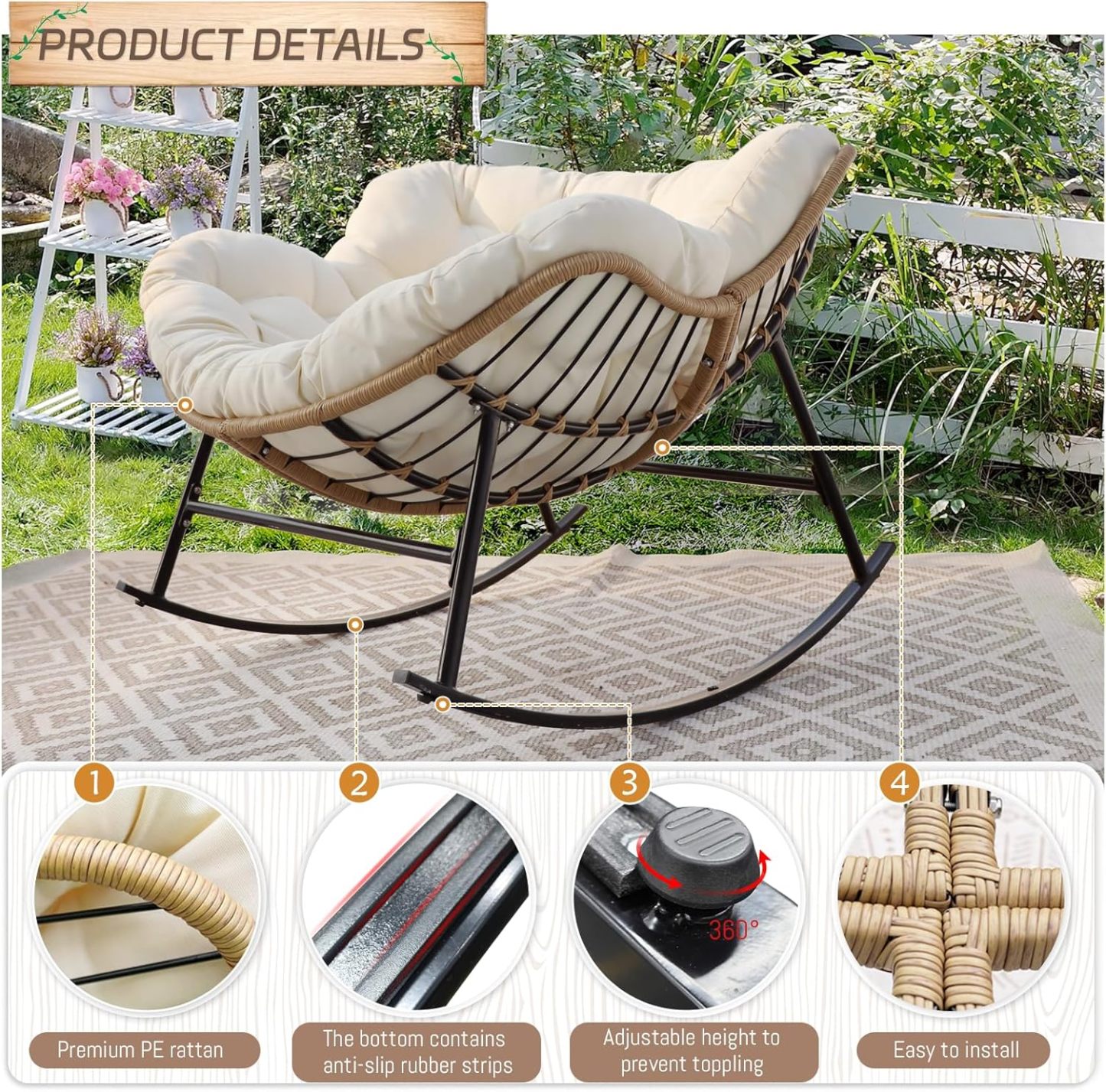 2 PCS Rocking Egg Chair Indoor Outdoor, Wicker Rattan Rocking Papasan Chairs with Thick Cushion, 450 Lbs Extra Wide Patio Rocker, Outdoor Furniture for Balcony