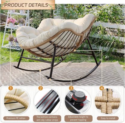 2 PCS Rocking Egg Chair Indoor Outdoor, Wicker Rattan Rocking Papasan Chairs with Thick Cushion, 450 Lbs Extra Wide Patio Rocker, Outdoor Furniture for Balcony