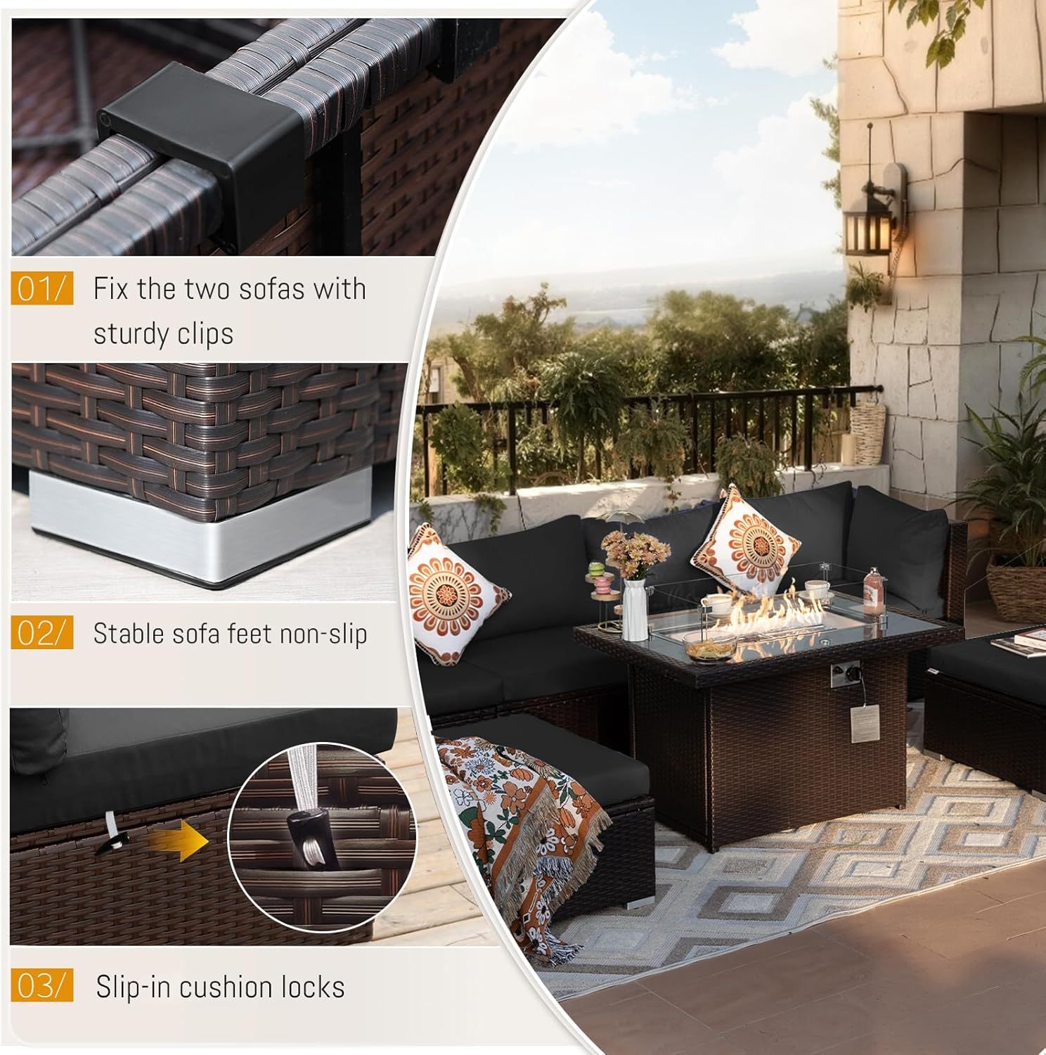 11 Piece High Back Outdoor Furniture Set with Firepit, Cozy Patio Conversation Set with Ottoman Modular, Extra Wide Deep 10-Seats Sectional Couch Sofa