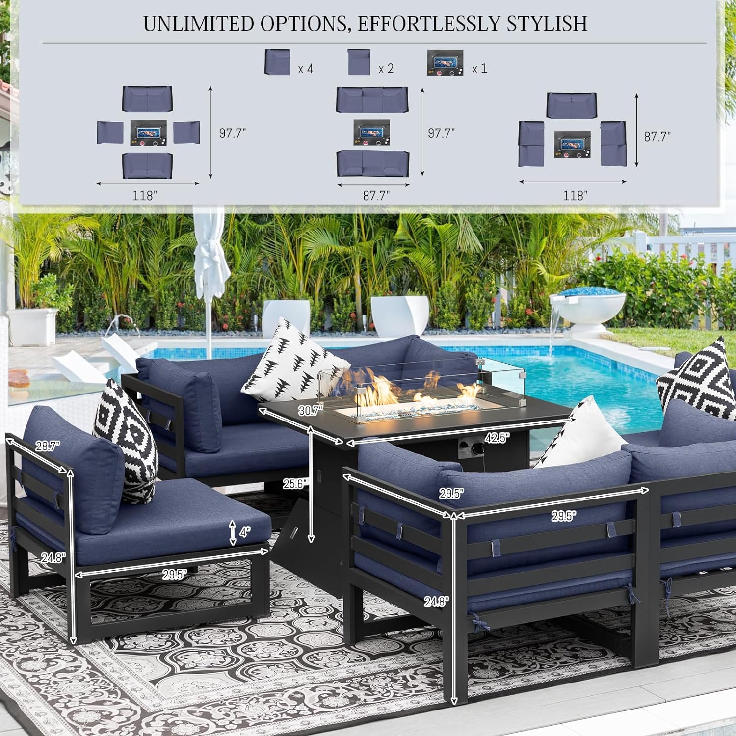 6 Seat Oversized Modern Aluminum Patio Furniture Set, All Weather Rust Proof Modular Sectional Sofa with Fire Pit Table