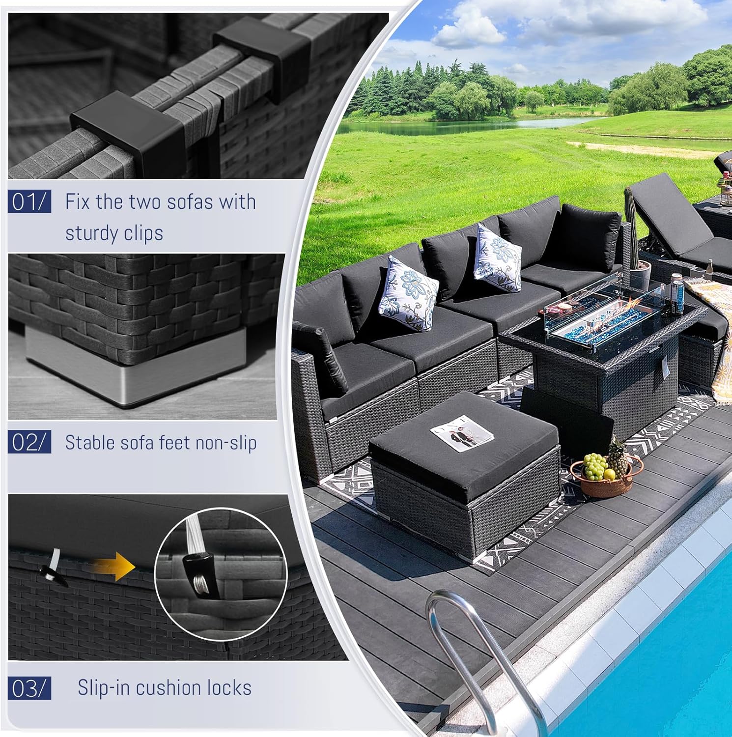 6 Pcs High Back Outdoor Patio Furniture Set with Fire Pit, Extra Large L-Shaped Deep Wide Backyard Sectional Seating