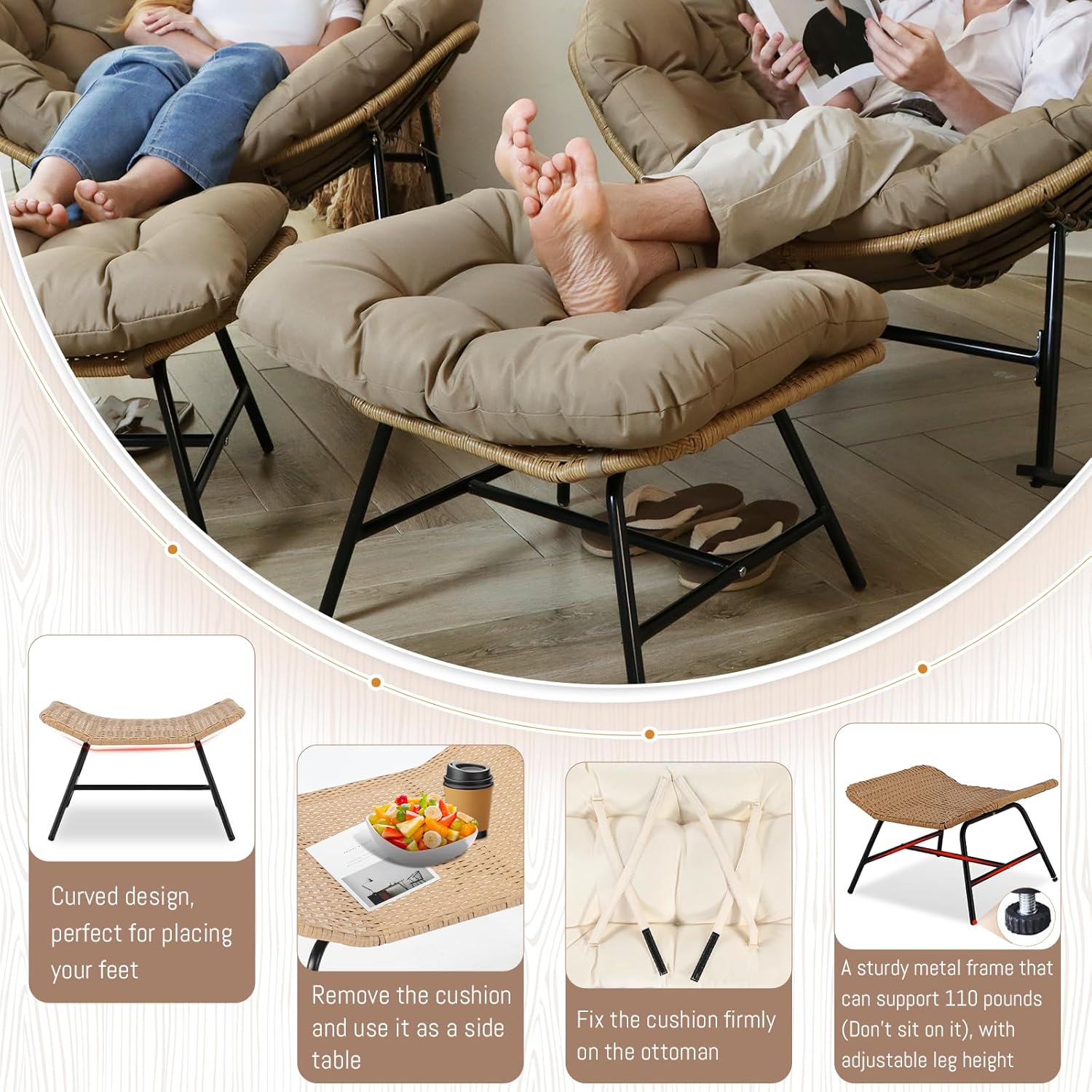 4 PCS Rocking Papasan Chair with Ottoman, 2 Person Patio Egg Rocker with Brown Cushion, Double Rocking Chair for Reading/Relaxing, Comfortable Wicker Recliner for Balcony, Porch, Garden