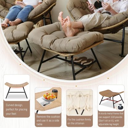 4 PCS Rocking Papasan Chair with Ottoman, 2 Person Patio Egg Rocker with Brown Cushion, Double Rocking Chair for Reading/Relaxing, Comfortable Wicker Recliner for Balcony, Porch, Garden