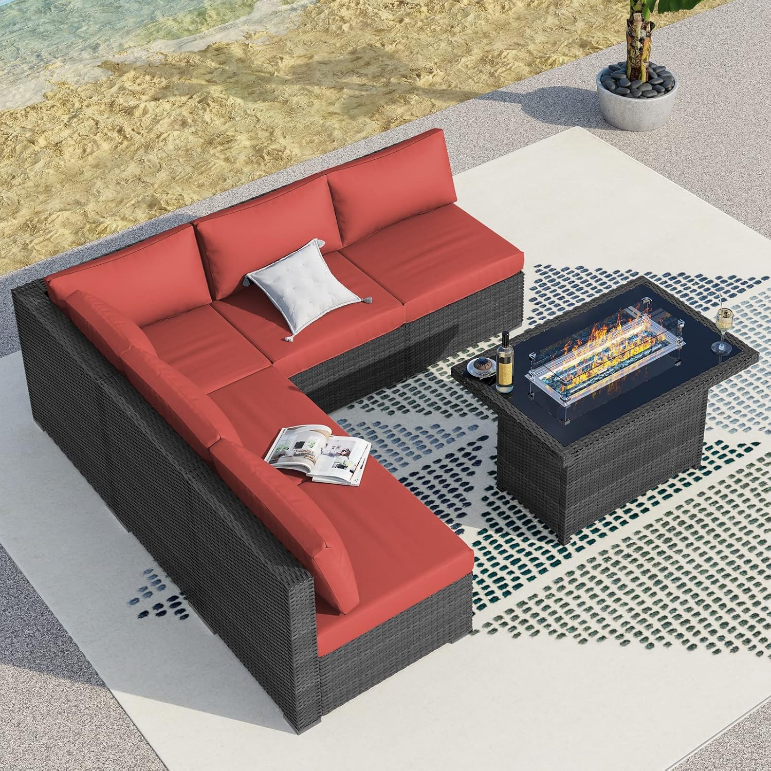 6 Pcs High Back Outdoor Patio Furniture Set with Fire Pit, Extra Large L-Shaped Deep Wide Backyard Sectional Seating