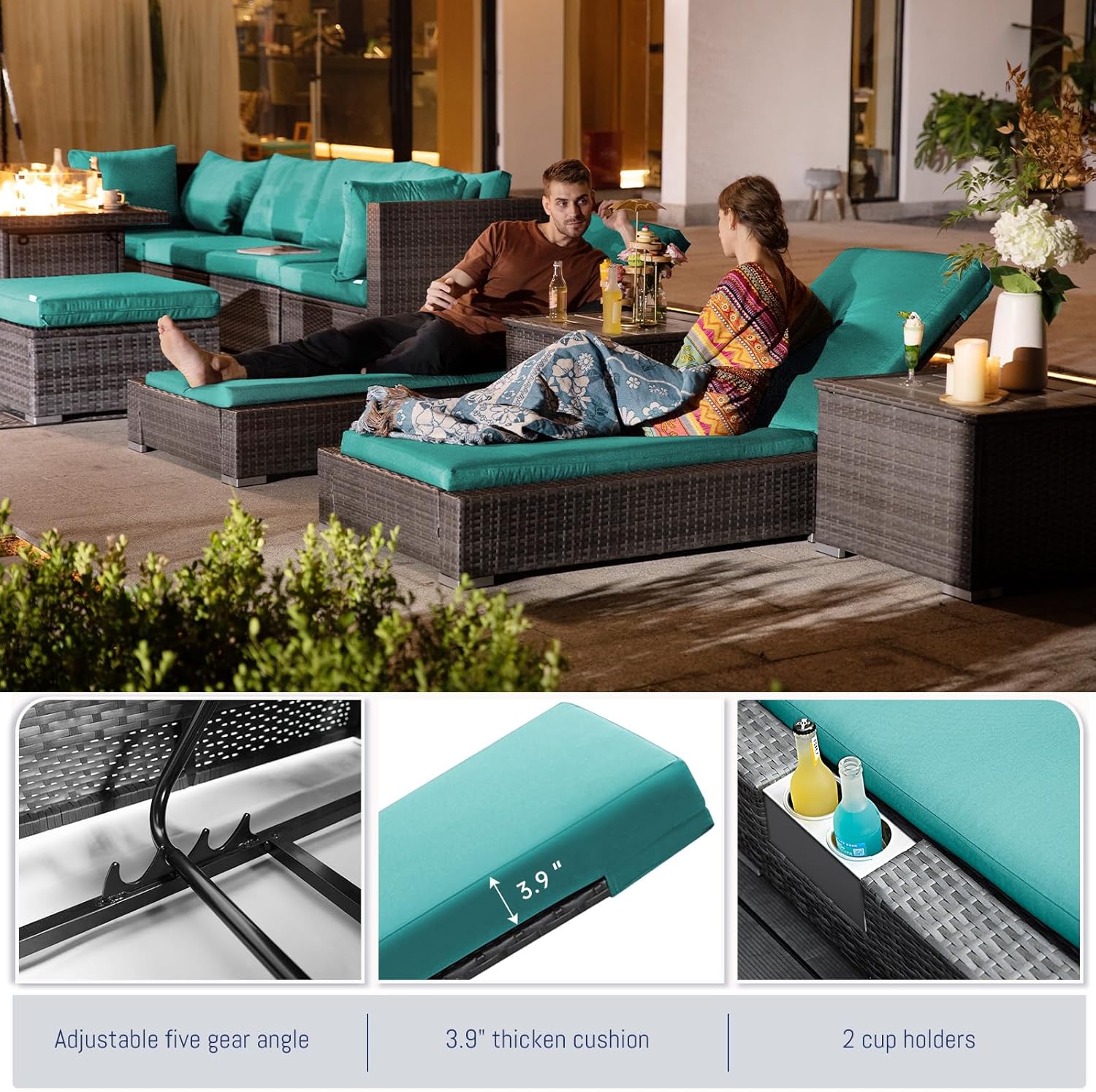 11 Piece Large High Back Outdoor Patio Furniture Sets with Firepit and Loungers, Cozy Extra Deep Wide Seating Sectional Conversation Couch Backyard Sitting Sets