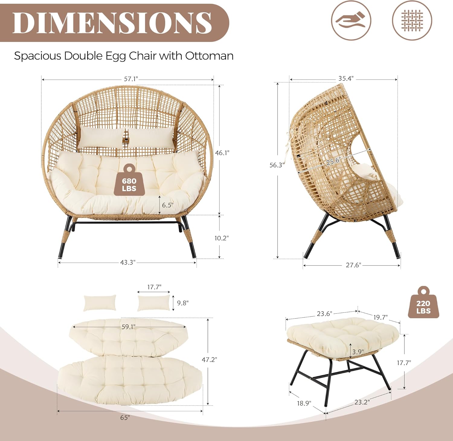 Double Egg Chair with Ottoman Indoor Outdoor 680lbs, 2 Person Brown Wicker Oversized Stationary Egg Chair with Beige Thick Cushion