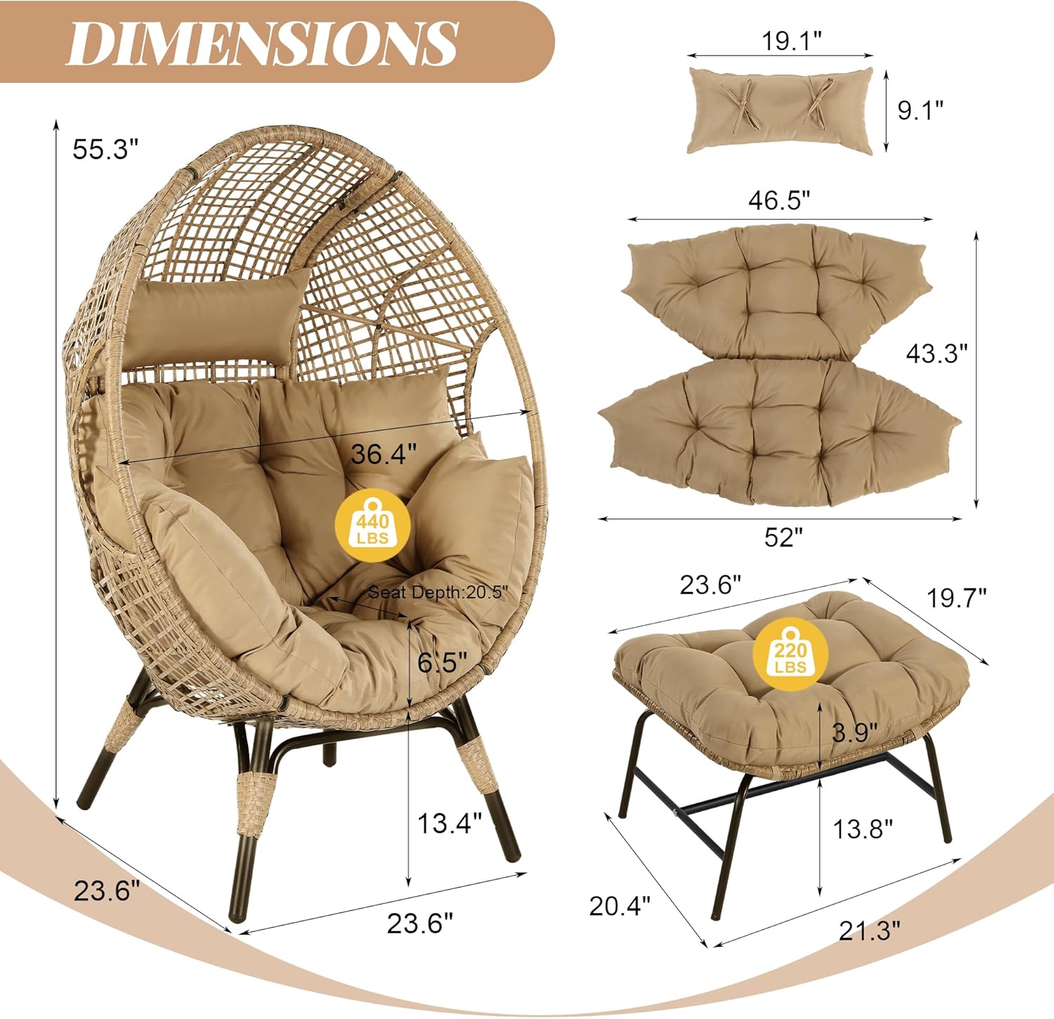 Oversized Indoor Outdoor Egg Chair with Ottoman, Brown Wicker Patio Deep Egg Seat with Beige Thick Cushion & Foot Rest, Large Stationary Lounge Chair for Balcony Bedroom