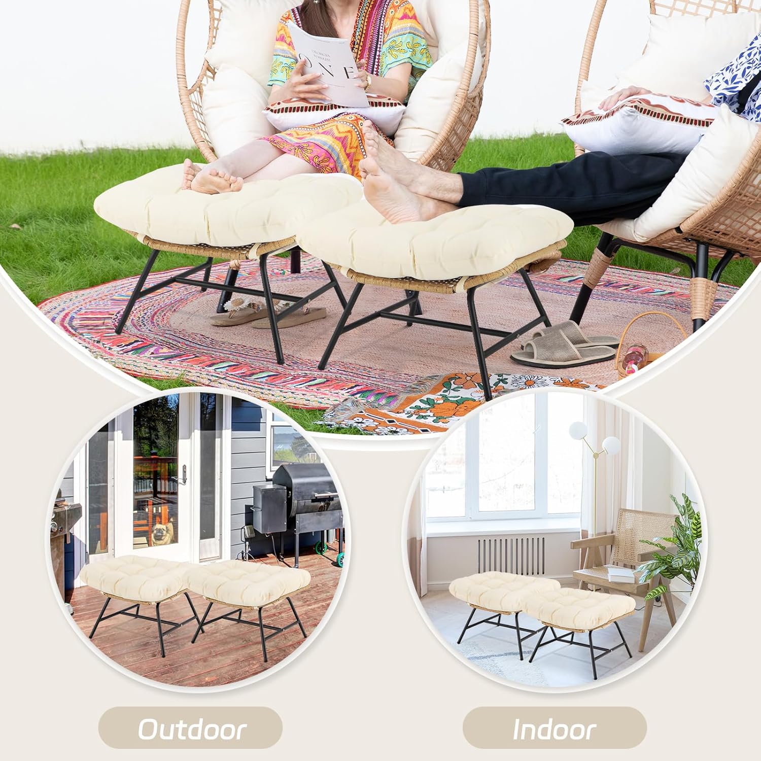 2 Pieces Outdoor Patio Ottomans, Multipurpose All Weather PE Rattan Ottoman Set, Indoor Outdoor Wicker Footrest with Removable Thicken Padded Cushions