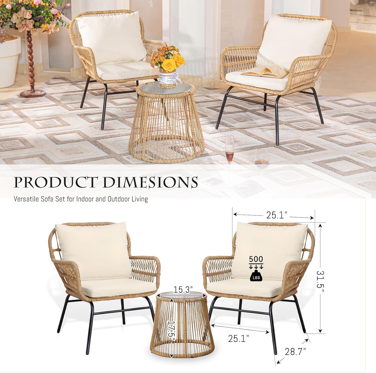 6 Pcs Boho Outdoor Patio Furniture Sets, L Shaped Natural Color Wicker Conversation Sectional Sofa w/Cozy Beige Cushion & Ice Bucket