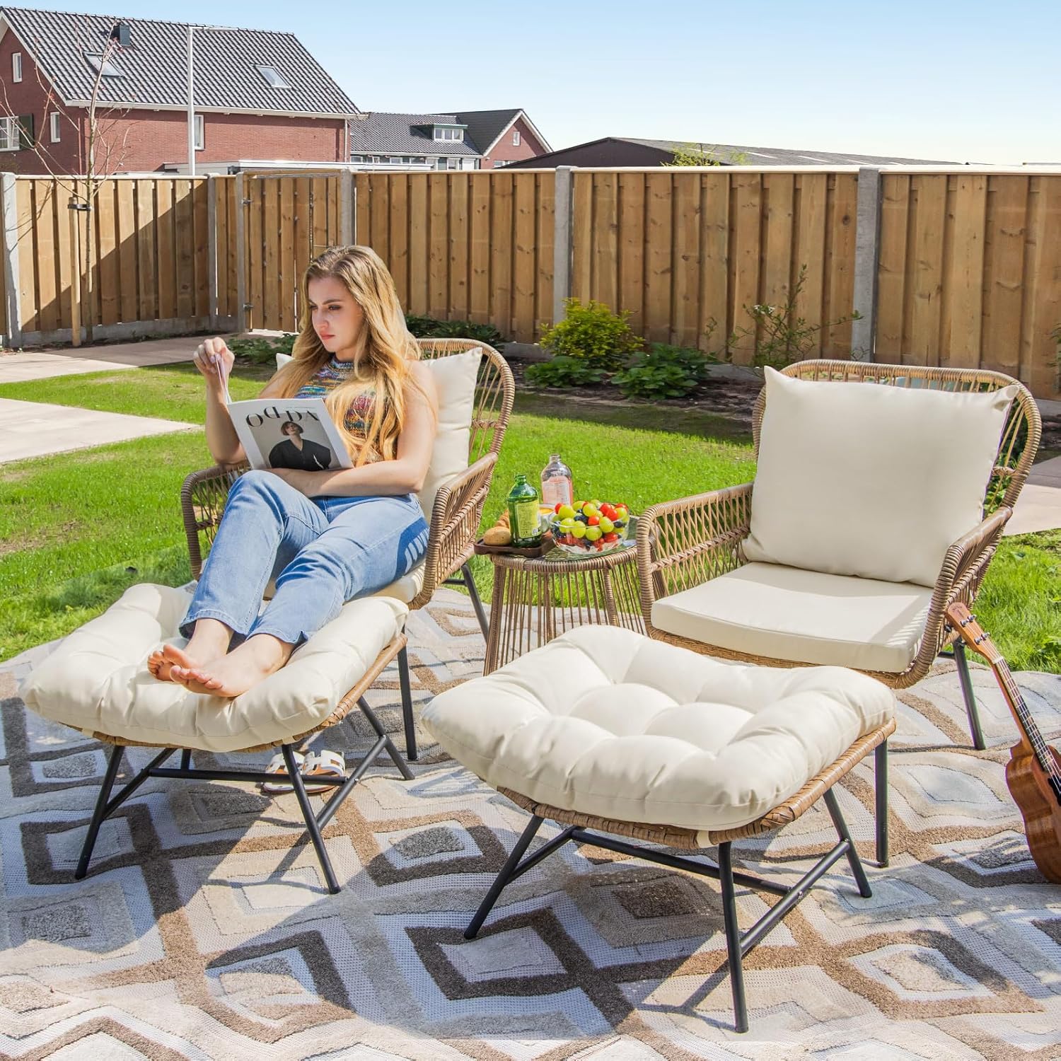 Beige Boho Outdoor Patio Furniture Sets with 2 PE Wicker Chairs, 2 Ottomans and 1 Side Table, Small Conversation Sectional Chair Sets for Backyard