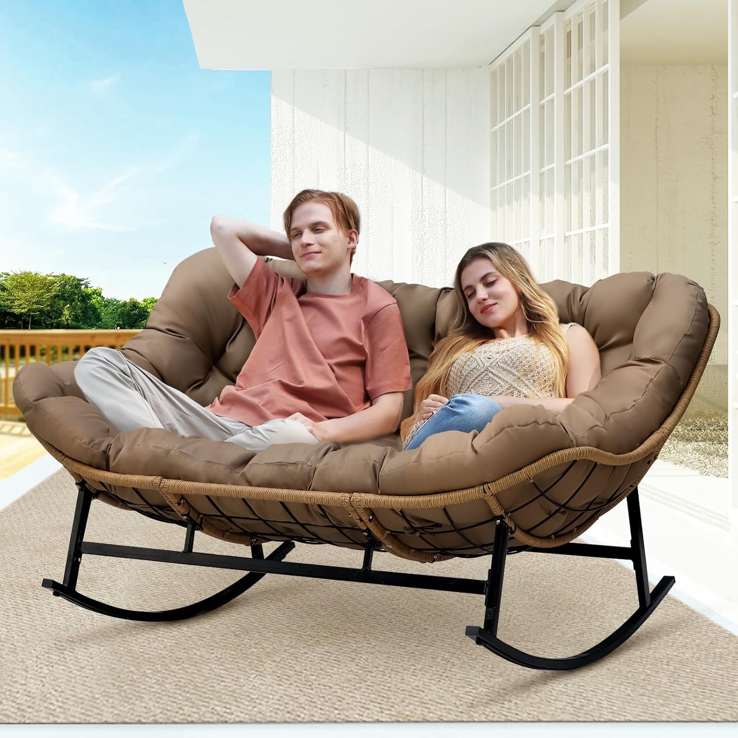Double Wide Papasan Rocking Chair with Cushion, Oversized Rattan Rocking Egg Chair Outdoor for 2, Extra Large 700 lbs. Heavy Duty Royal Patio Lounge Loveseat