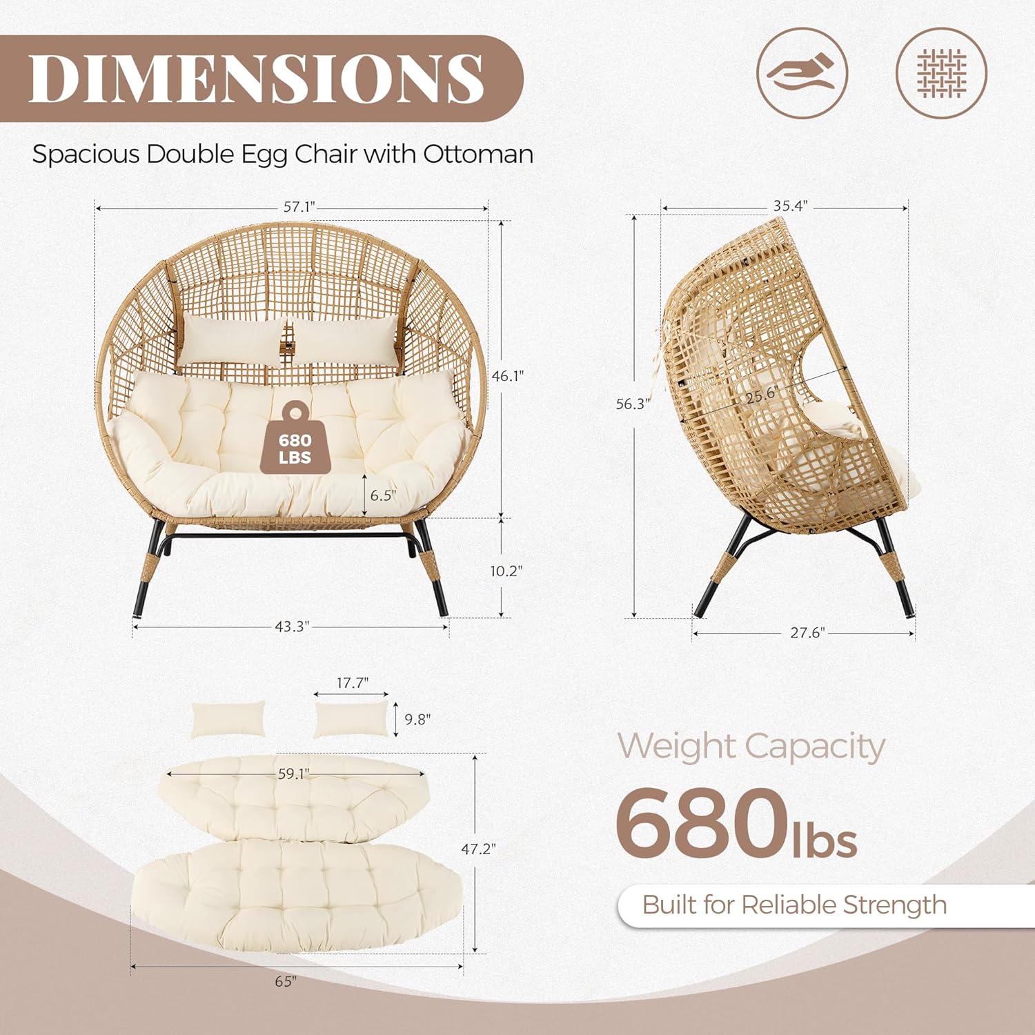 Double Egg Chair Indoor Outdoor 680lbs, 2 Person Brown Wicker Oversized Stationary Egg Chair with Beige Thick Cushion, Patio Wide Lounge Loveseat with Legs for Balcony