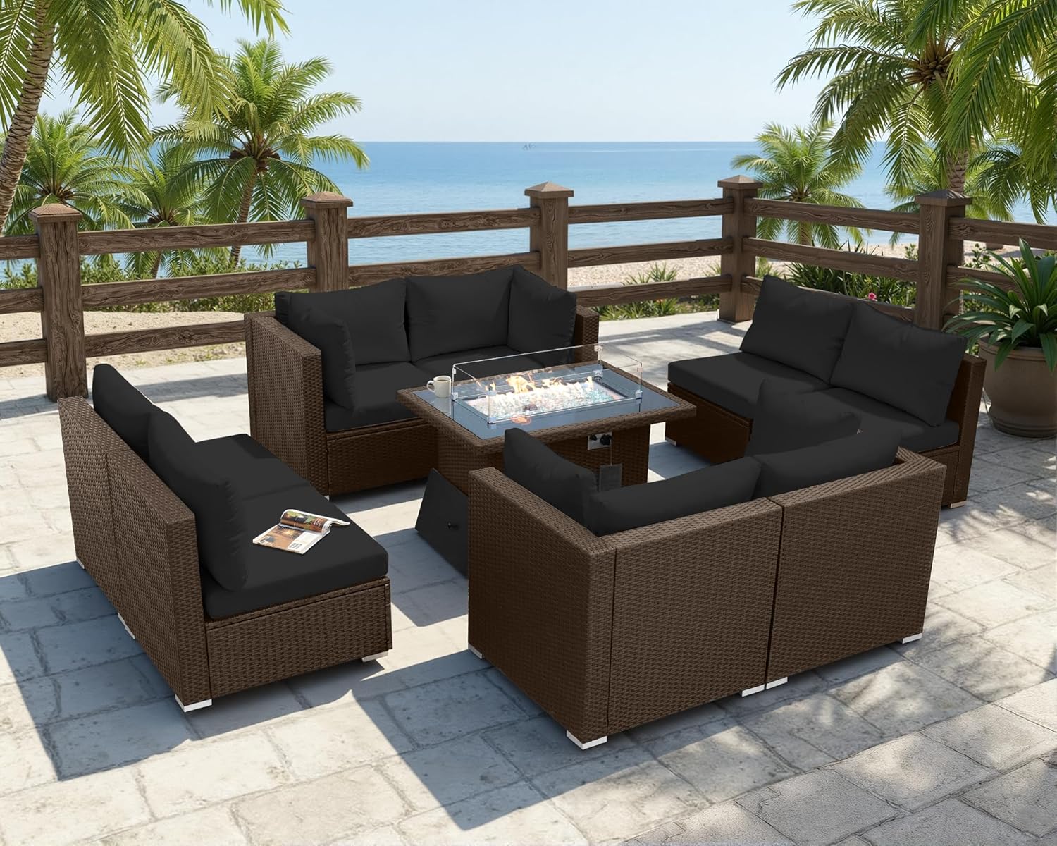 9 Pcs High Back Outdoor Sectional Set with Firepit Table, Modern Luxury Patio Furniture Seating Set, Oversized Wide Deep Modular 8-Seater Couch Sofa for Backyard