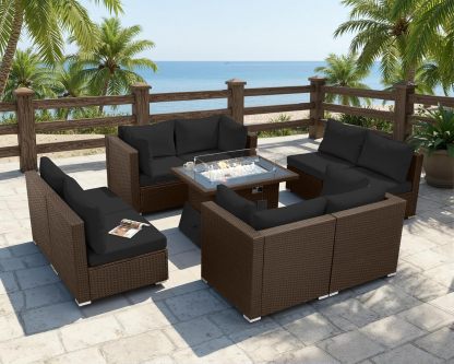 9 Pcs High Back Outdoor Sectional Set with Firepit Table, Modern Luxury Patio Furniture Seating Set, Oversized Wide Deep Modular 8-Seater Couch Sofa for Backyard