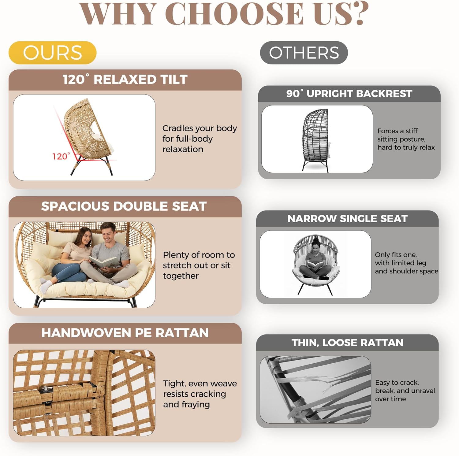 Double Egg Chair with Ottoman Indoor Outdoor 680lbs, 2 Person Brown Wicker Oversized Stationary Egg Chair with Beige Thick Cushion