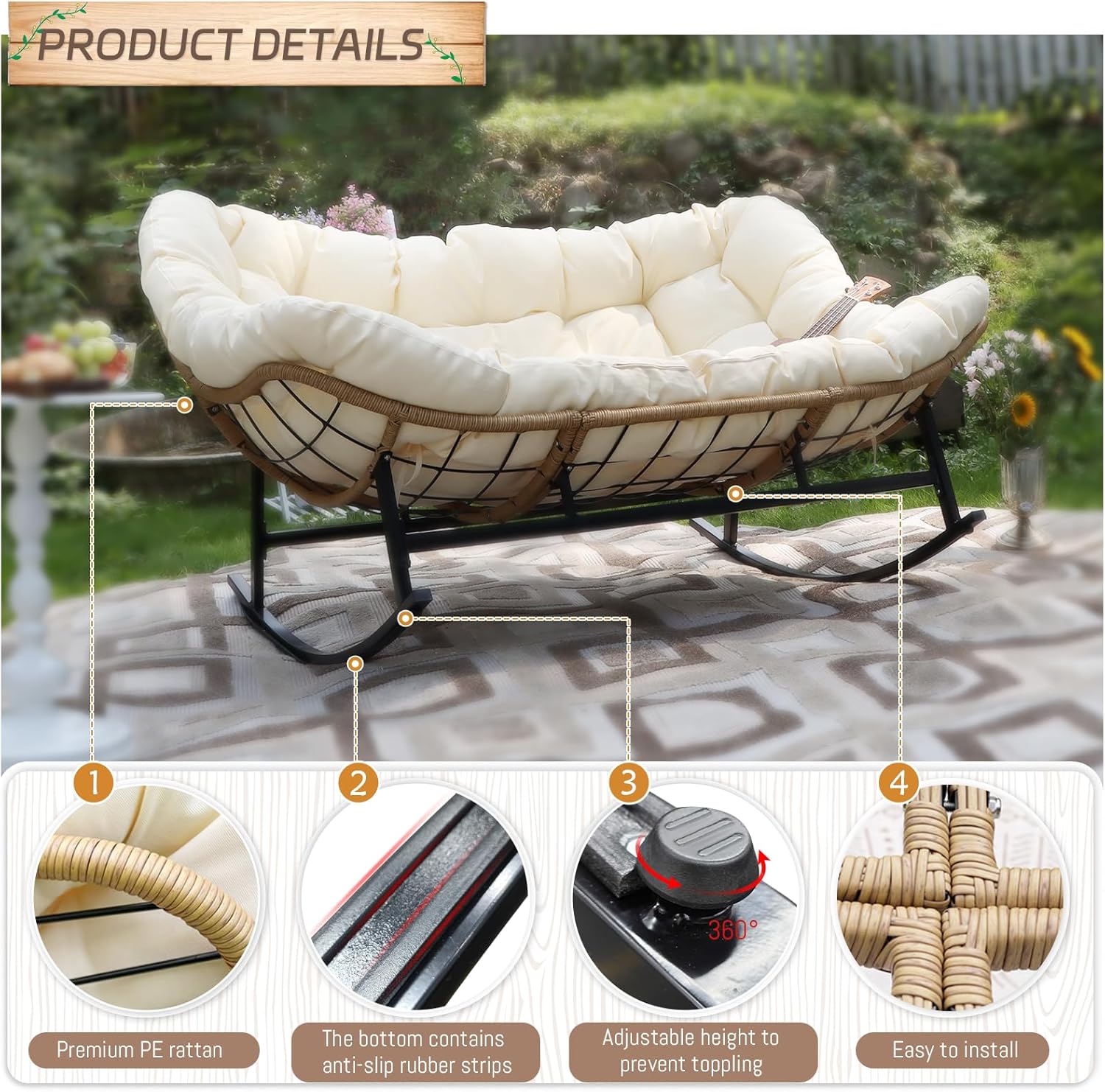 Double Wide Papasan Rocking Chair with Cushion, Oversized Rattan Rocking Egg Chair Outdoor for 2, Extra Large 700 lbs. Heavy Duty Royal Patio Lounge Loveseat