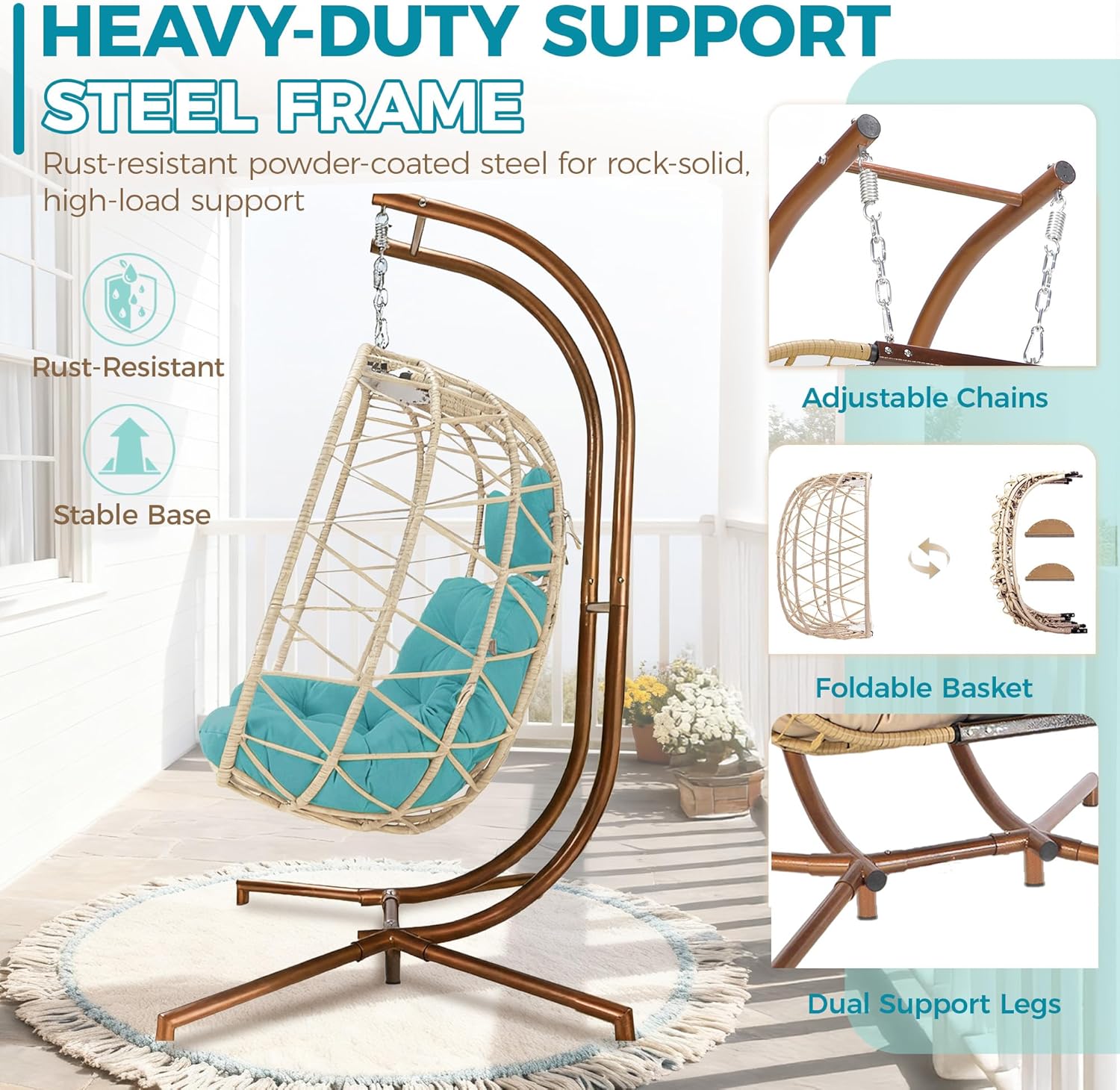 Double Egg Chair with Stand Indoor Outdoor 2 Person Large Wicker Hanging Swing Chair Oversized Twins Patio Loveseat 2 Seat Beige Rattan Light Green Cushions with Cover