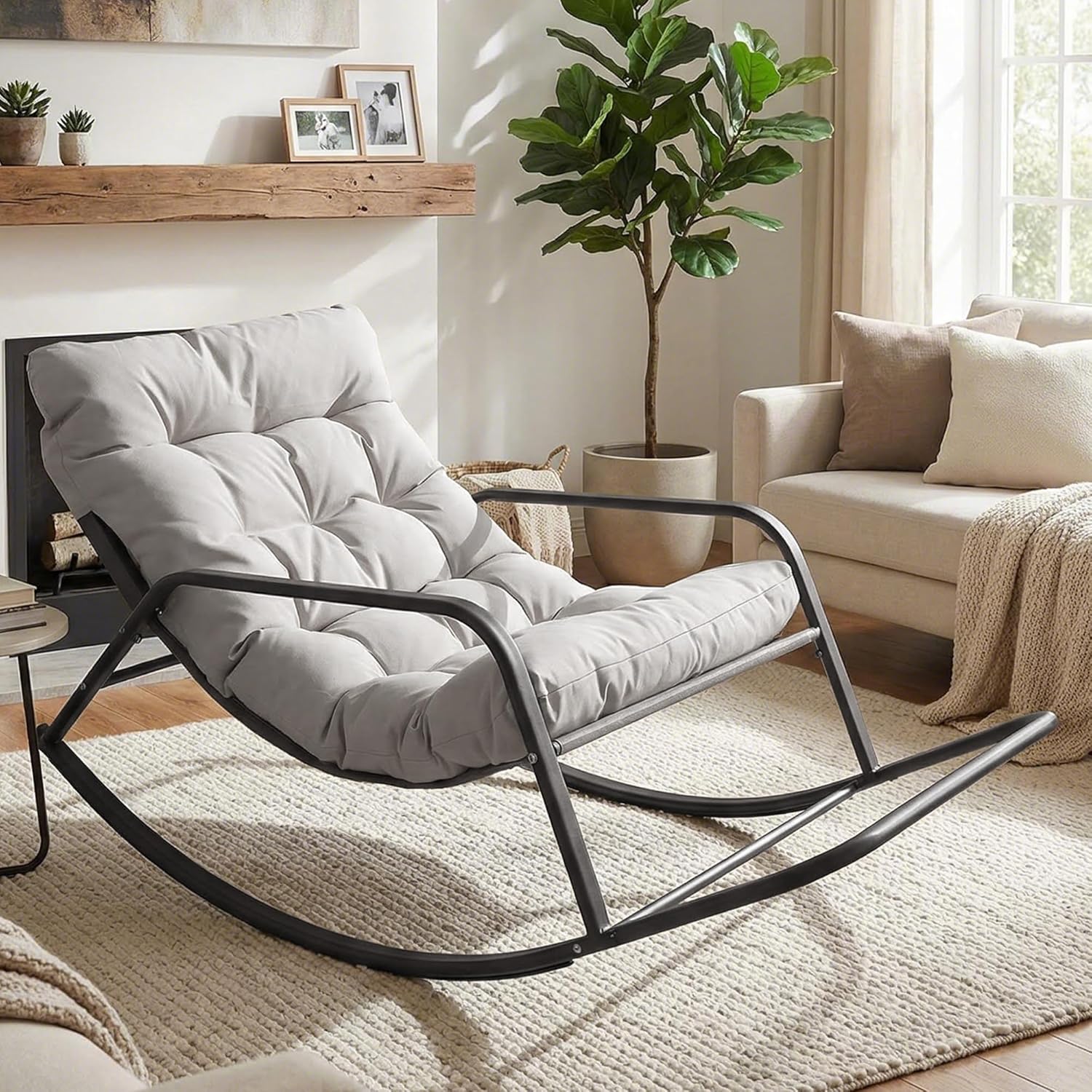 Oversized Indoor Outdoor Lounge Royal Rocking Chair with Armrest Footrest for Napping Relaxing, Heavy Duty Patio Reclining Papasan Rocker Chair