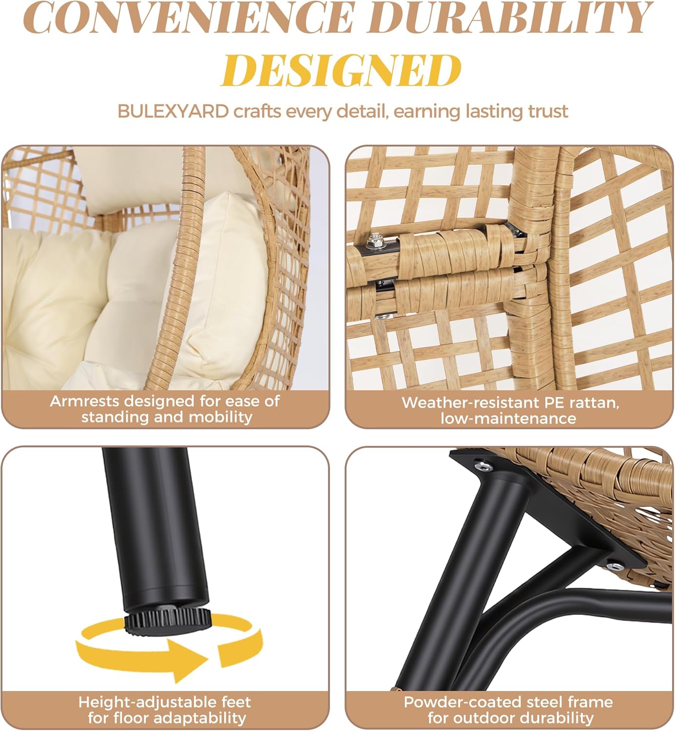 Oversized Indoor Outdoor Egg Chair with Ottoman, Brown Wicker Patio Deep Egg Seat with Beige Thick Cushion & Foot Rest, Large Stationary Lounge Chair for Balcony Bedroom