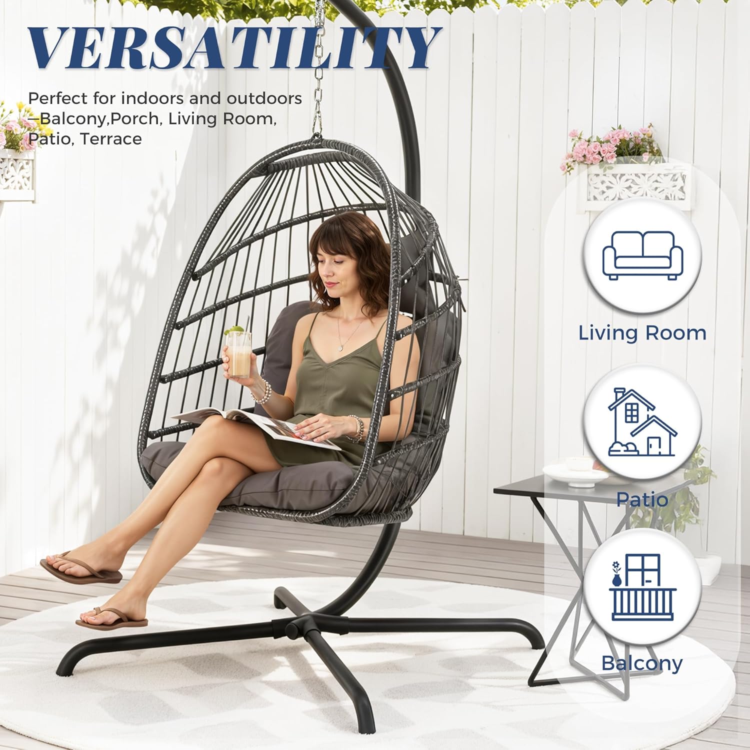 Outdoor Egg Swing Chair with Stand, 350 Lbs Heavy-Duty Rattan Hammock Hanging Wicker Patio Chair with Cushion