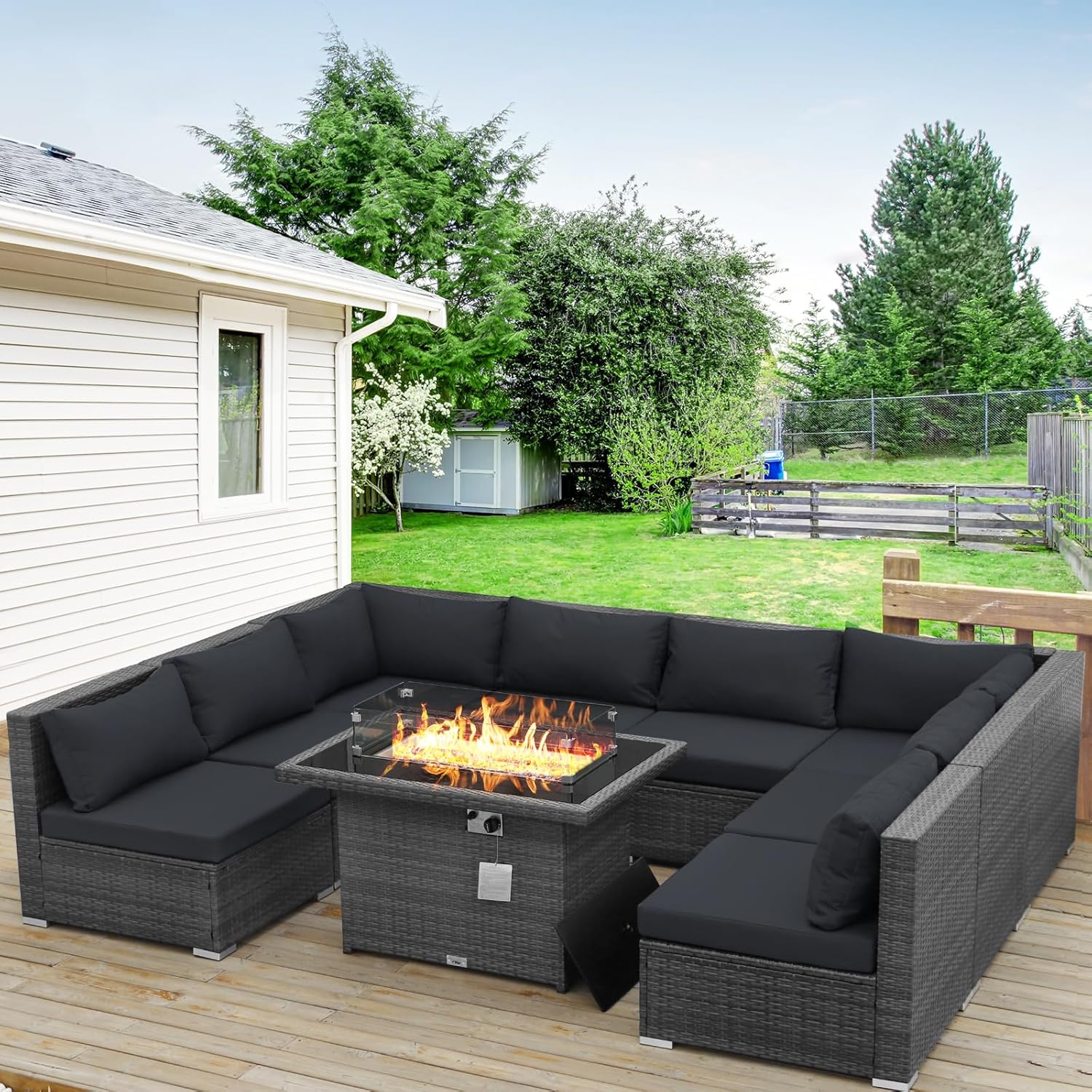 9 Pieces High back Wicker Patio Furniture Set with Firepit, High Weight Capacity Outdoor Sectional Couch Sofa 8-Seater Modular