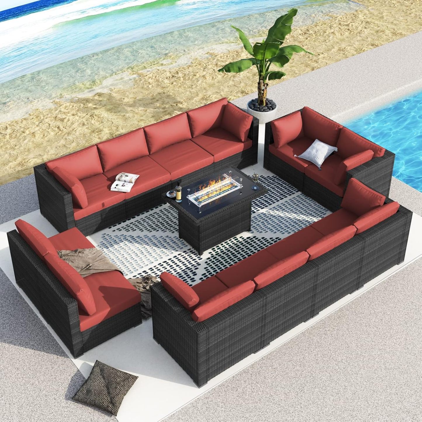 13 Piece High Back Patio Furniture Sets with Firepit, Luxury Outdoor Seating Sectional Couch 12-Person Modular