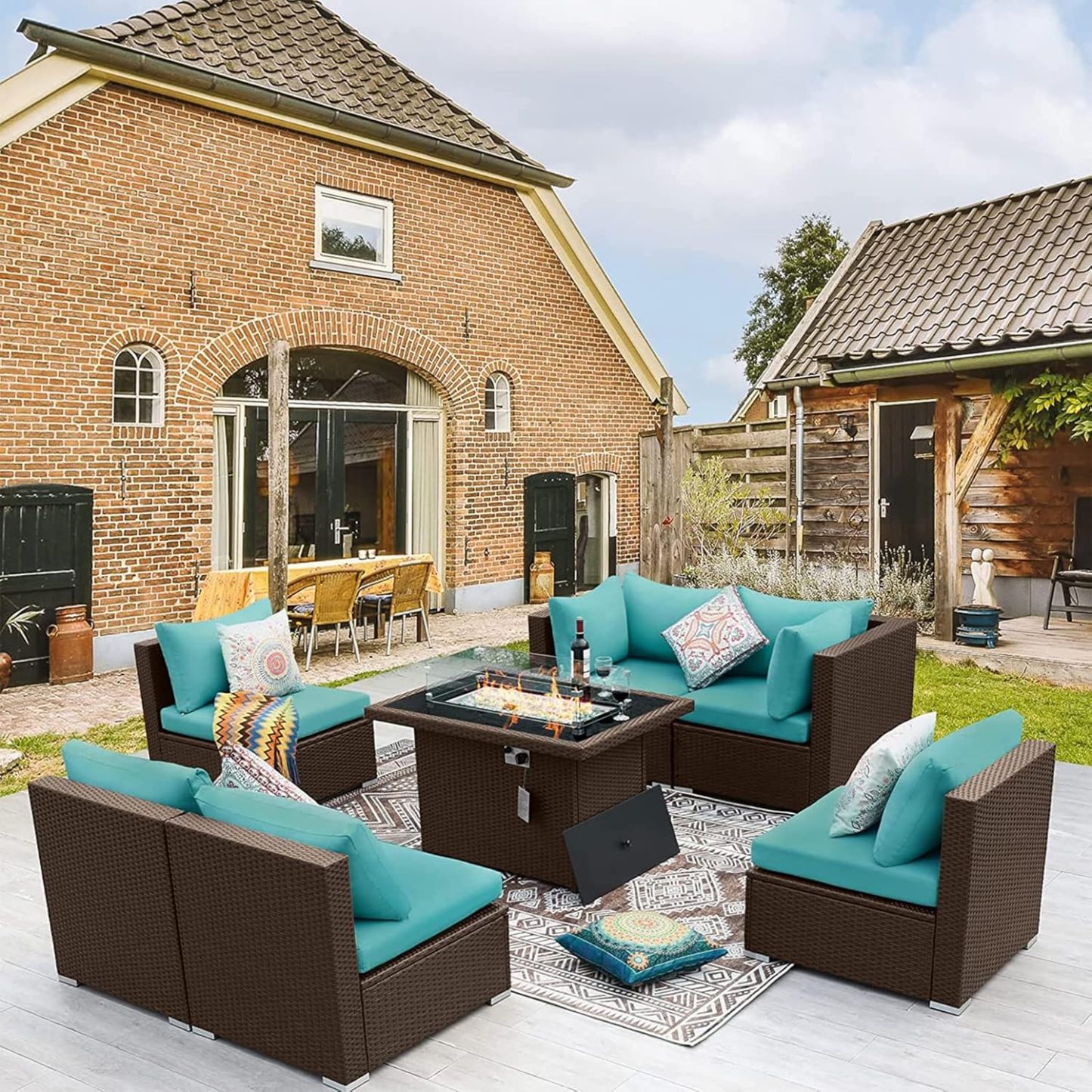 7-Piece Outdoor Patio Furniture Set with Propane/Natural Gas Fire Pit Table, High-Back Large Size Outside Sectional Couch Sofa, Comfy Wide Deep Seats for Yard