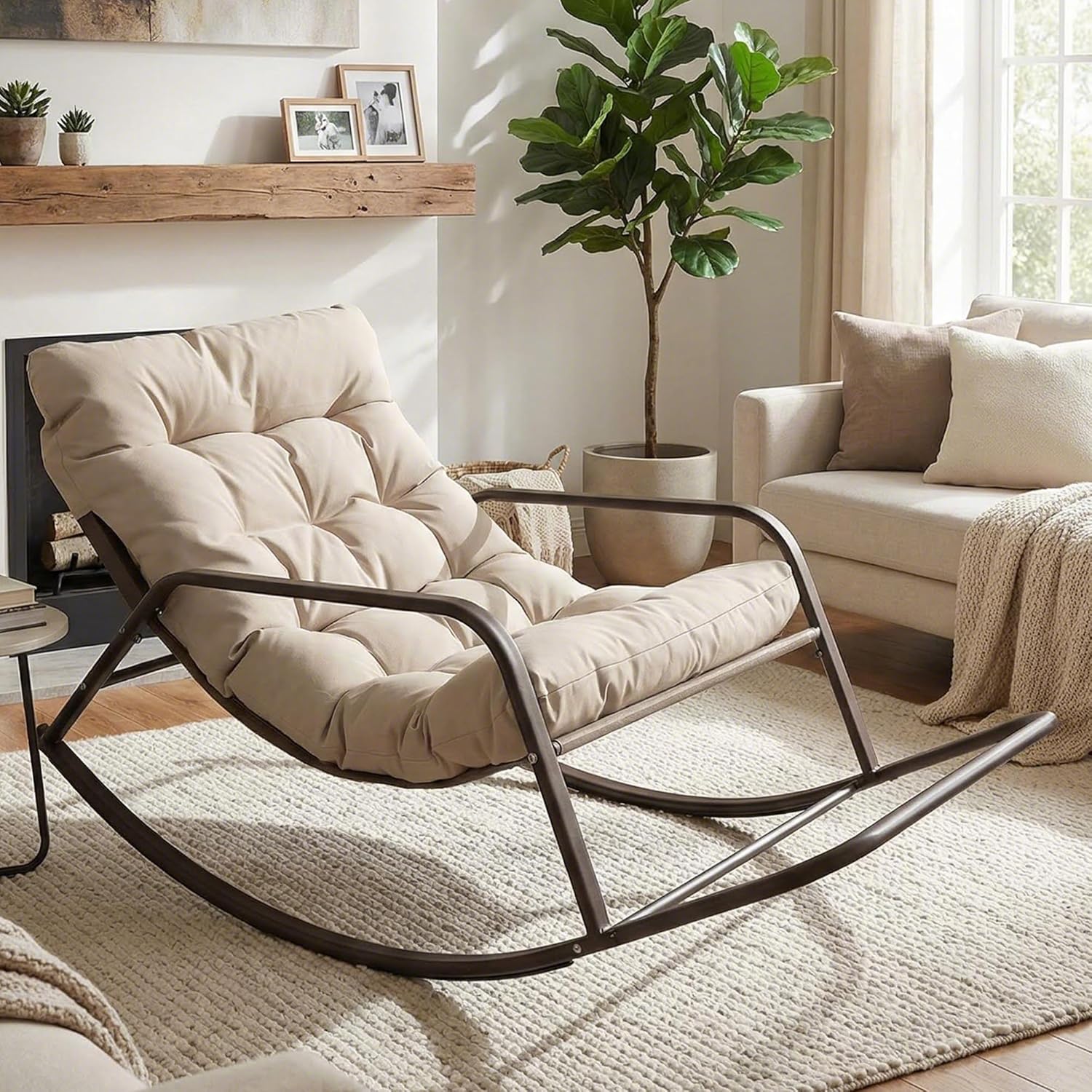 Oversized Indoor Outdoor Lounge Royal Rocking Chair with Armrest Footrest for Napping Relaxing, Heavy Duty Patio Reclining Papasan Rocker Chair