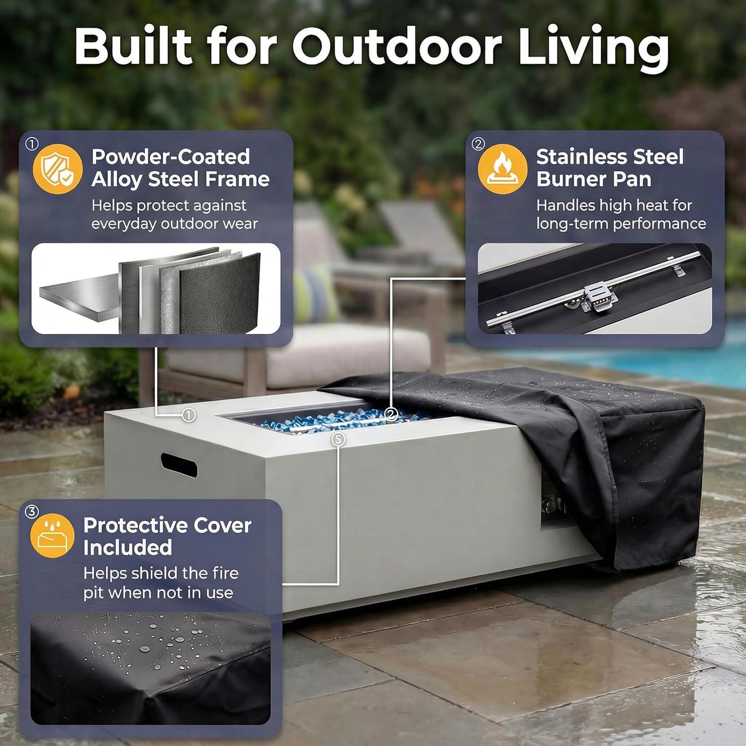 Large Rectangle Outdoor Patio Propane Gas Fire Pit Table Set with Tank Table, 50,000 BTU 42" Fireplace Table with Wind Guard, Removable Lid, Glass Beads, Rain Cover