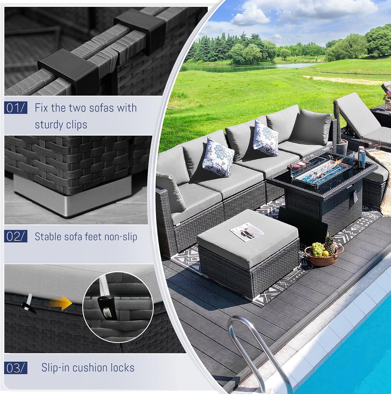 9 Pieces High back Wicker Patio Furniture Set with Firepit, High Weight Capacity Outdoor Sectional Couch Sofa 8-Seater Modular