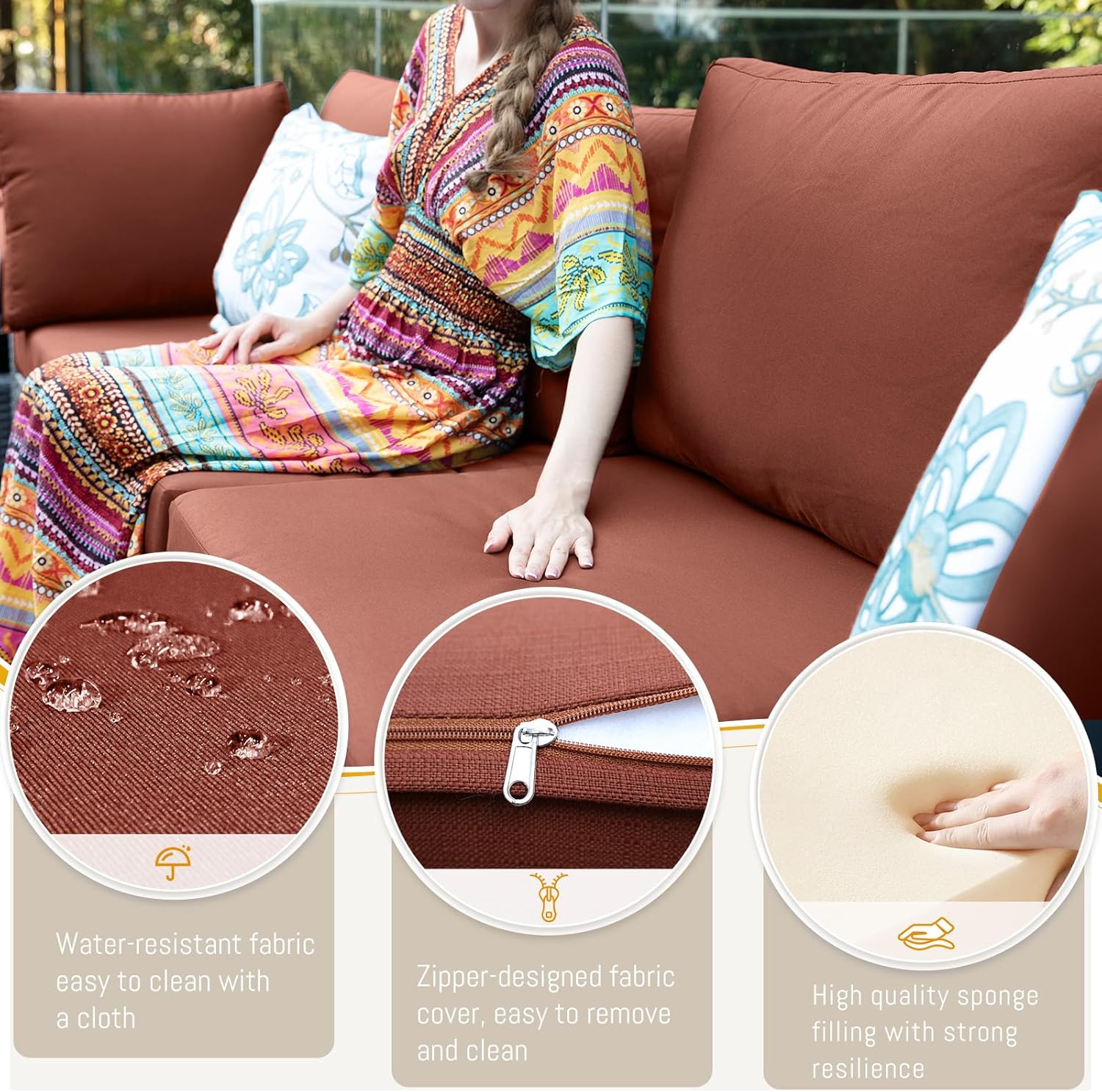 9 Pcs High Back Outdoor Sectional Set with Firepit Table, Modern Luxury Patio Furniture Seating Set, Oversized Wide Deep Modular 8-Seater Couch Sofa for Backyard