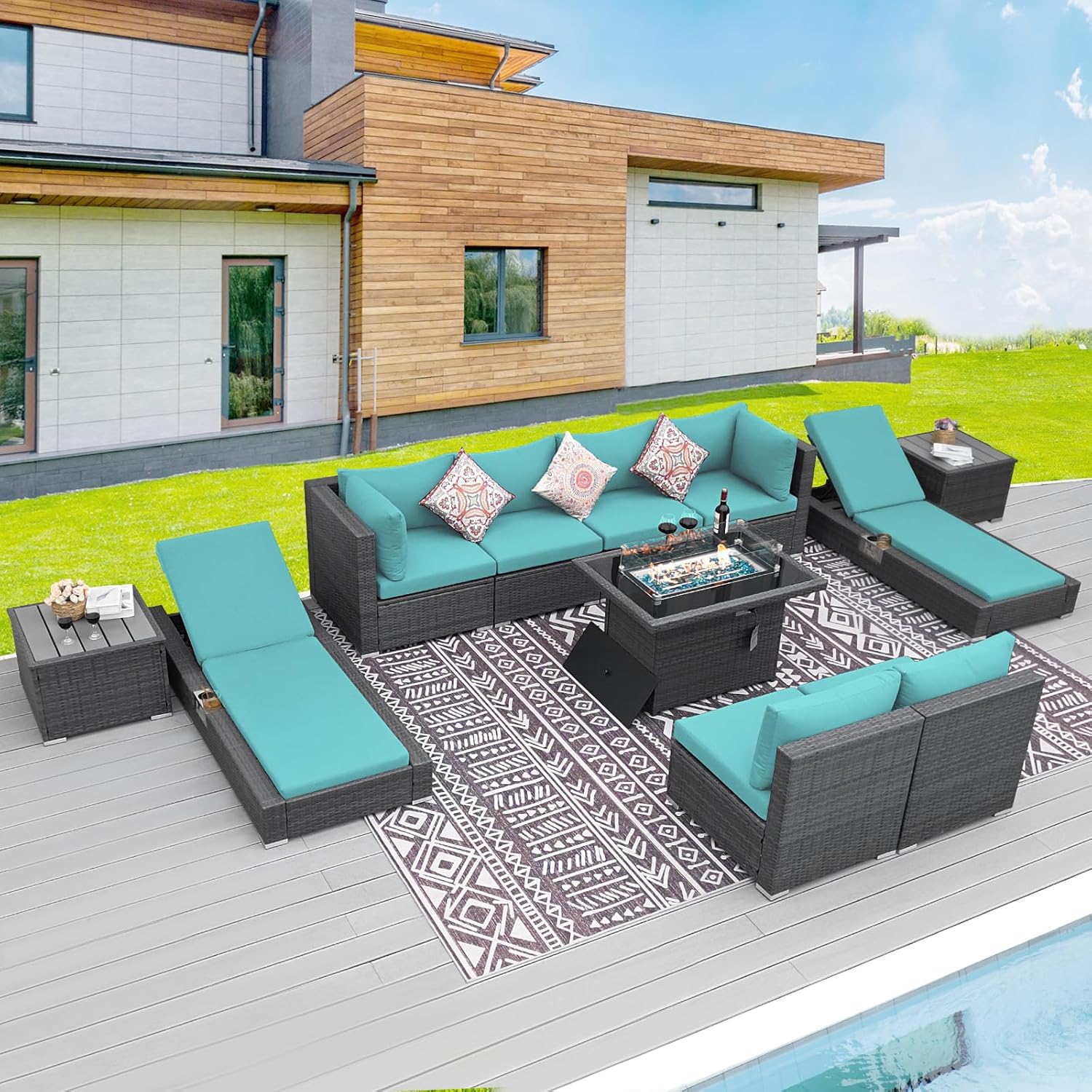 11 Piece Large High Back Outdoor Patio Furniture Sets with Firepit and Loungers, Cozy Extra Deep Wide Seating Sectional Conversation Couch Backyard Sitting Sets