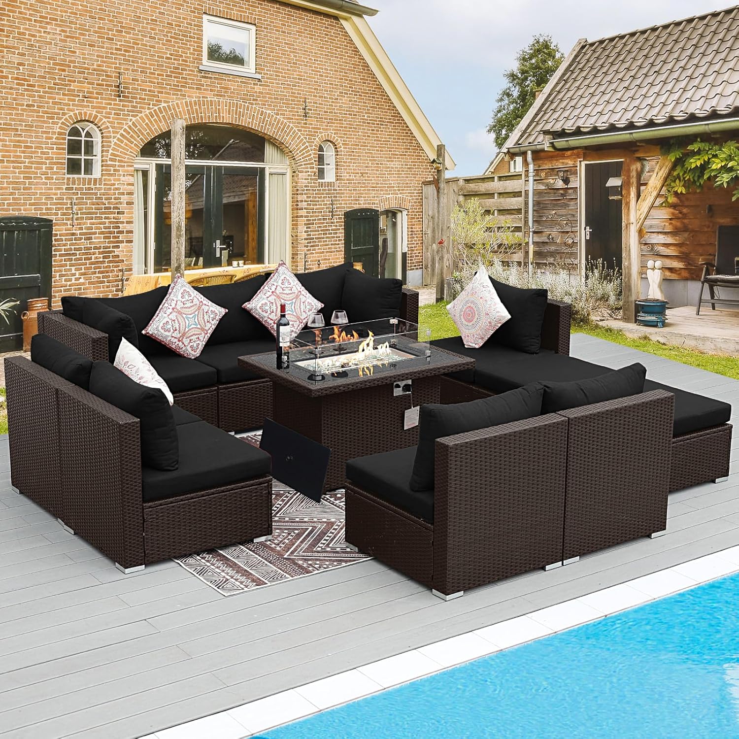 11 Piece High Back Outdoor Furniture Set with Firepit, Cozy Patio Conversation Set with Ottoman Modular, Extra Wide Deep 10-Seats Sectional Couch Sofa