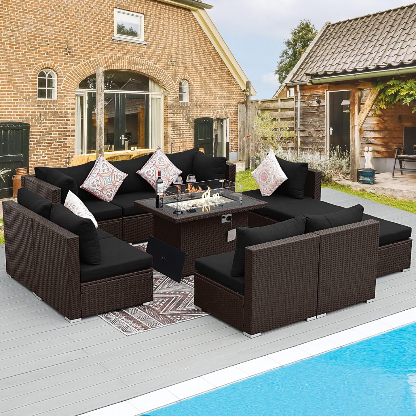 11 Piece High Back Outdoor Furniture Set with Firepit, Cozy Patio Conversation Set with Ottoman Modular, Extra Wide Deep 10-Seats Sectional Couch Sofa