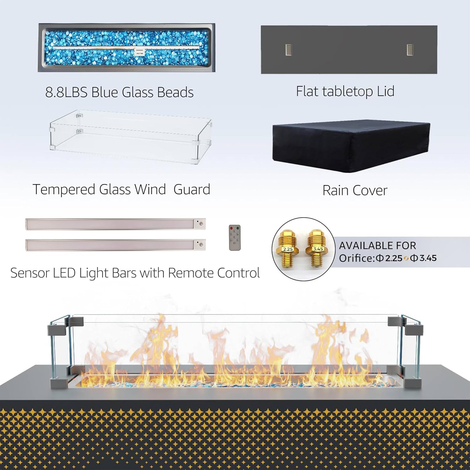 Large Rectangle Outdoor Patio Propane Gas Fire Pit Table Set with Tank Table, 50,000 BTU 42" Fireplace Table with Wind Guard, Removable Lid, Glass Beads, Rain Cover