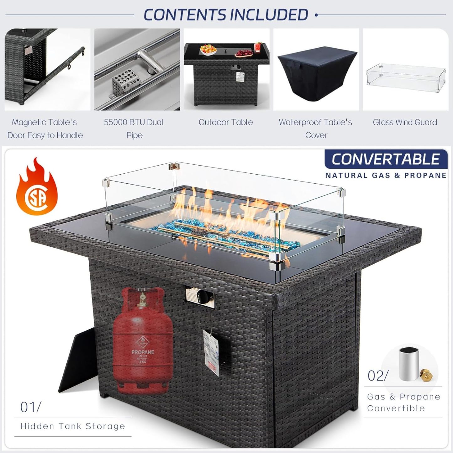 9 Piece High Back Grey Wicker Patio Furniture Set with Propane/Gas Fire Pit Table, Comfy Deep Wide Seat Outdoor Sectional Sofa