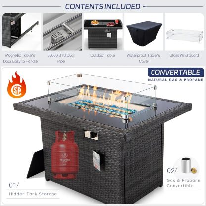 9 Piece High Back Grey Wicker Patio Furniture Set with Propane/Gas Fire Pit Table, Comfy Deep Wide Seat Outdoor Sectional Sofa